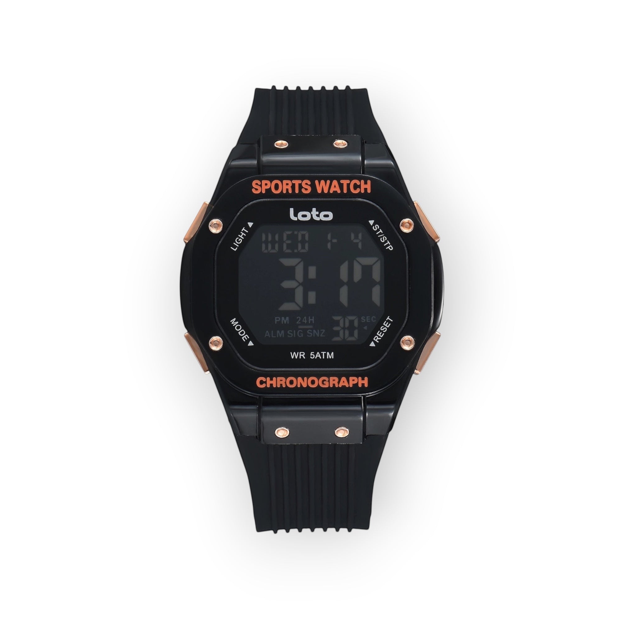 Reloj deportivo LOTO COMPANY negro con caja cuadrada, correa de silicona y detalles en oro rosa. Pantalla digital con cronógrafo y resistencia 5 ATM.