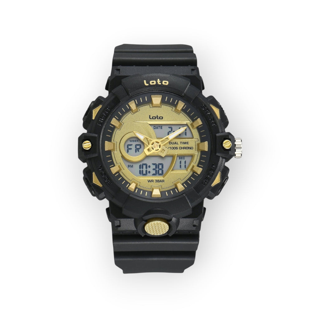 Reloj deportivo LOTO COMPANY KRONAR 2572 con pantalla dual analógica y digital, caja negra y detalles en dorado.
