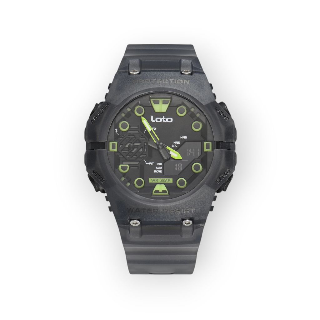 Reloj digital y analógico LOTO COMPANY Talvor 2583 en color negro con detalles en verde neón y diseño deportivo
