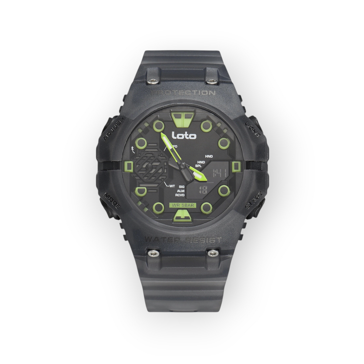 Reloj digital y analógico LOTO COMPANY Talvor 2583 en color negro con detalles en verde neón y diseño deportivo