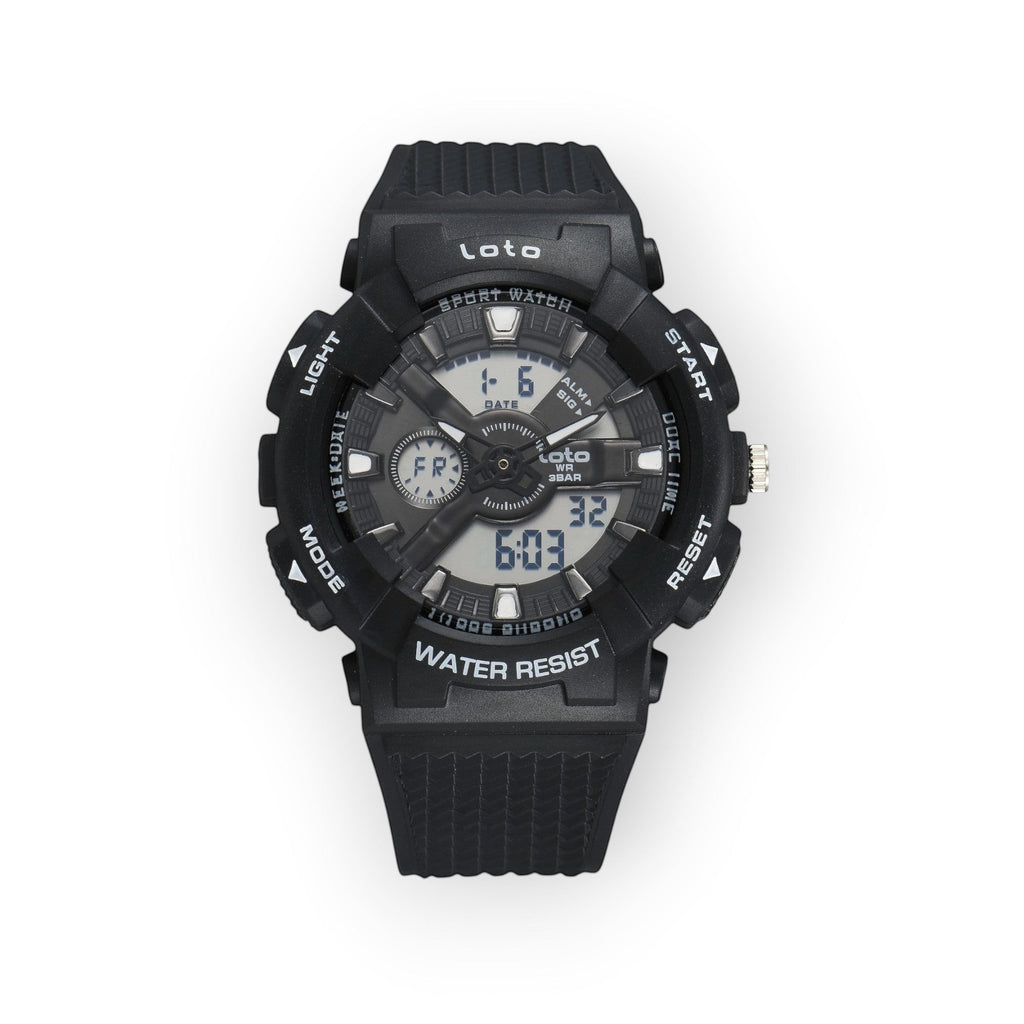 Reloj deportivo LOTO COMPANY IMPERIUM 2567 negro con pantalla híbrida analógica-digital y correa de silicona resistente