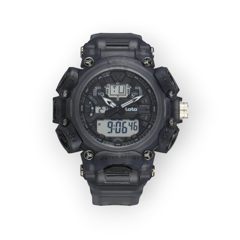 Reloj deportivo LOTO COMPANY Quantum 2570 negro con pantalla híbrida analógica-digital y diseño táctico resistente