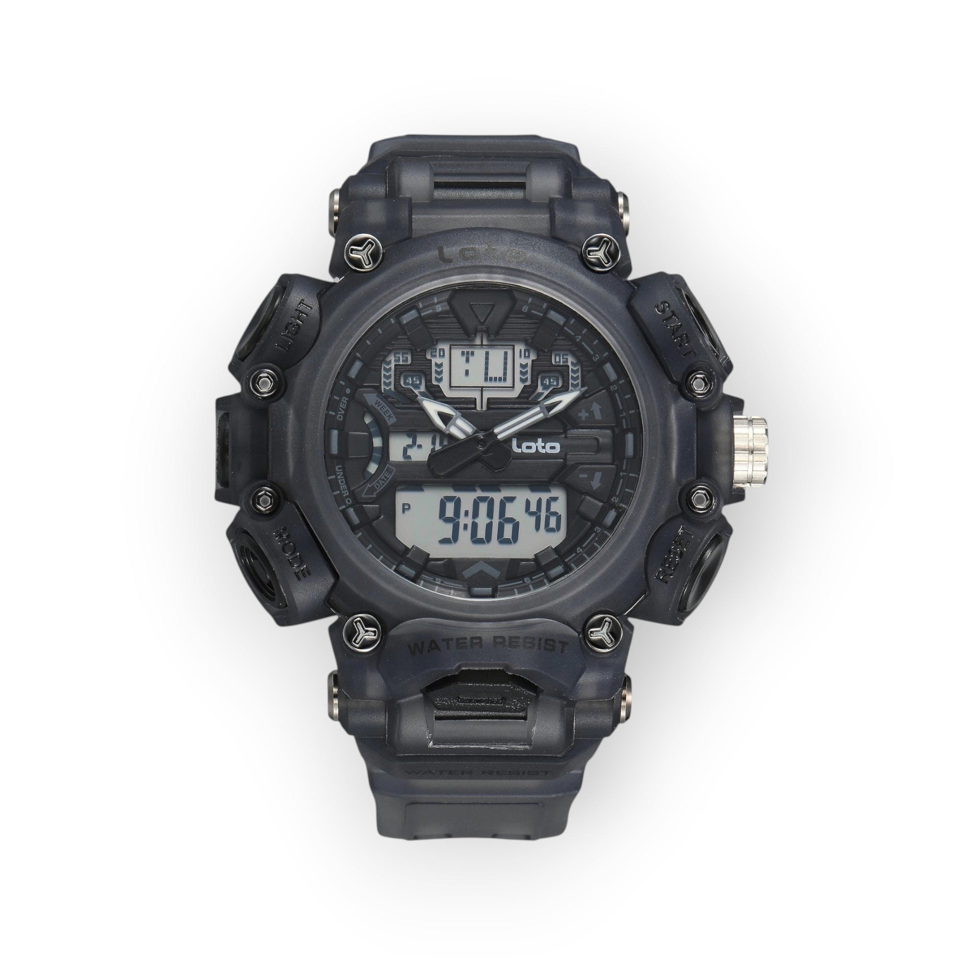 Reloj deportivo LOTO COMPANY Quantum 2570 negro con pantalla híbrida analógica-digital y diseño táctico resistente