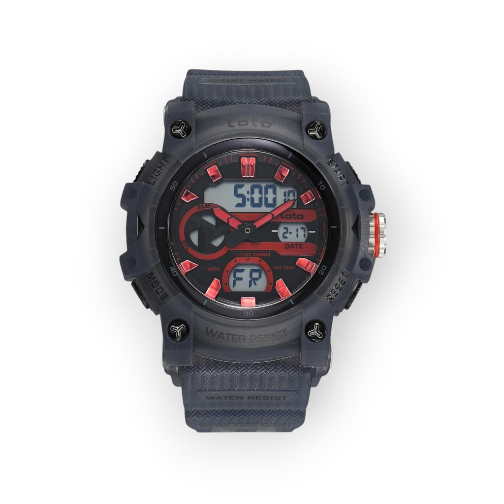 Reloj deportivo LOTO COMPANY KRONEX 2573 negro y rojo con pantalla híbrida analógica-digital y correa de silicona.