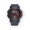 Reloj deportivo LOTO COMPANY KRONEX 2573 negro y rojo con pantalla híbrida analógica-digital y correa de silicona.