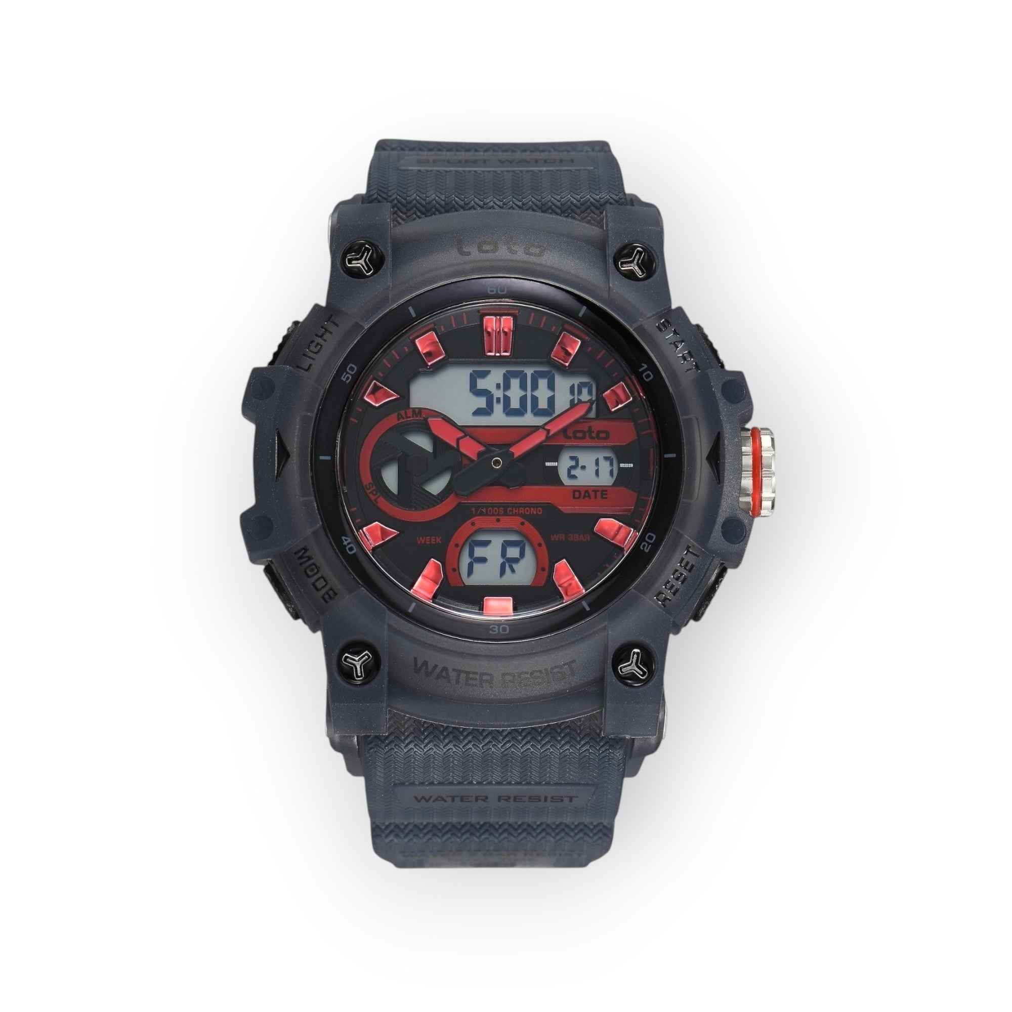 Reloj deportivo LOTO COMPANY KRONEX 2573 negro y rojo con pantalla híbrida analógica-digital y correa de silicona.