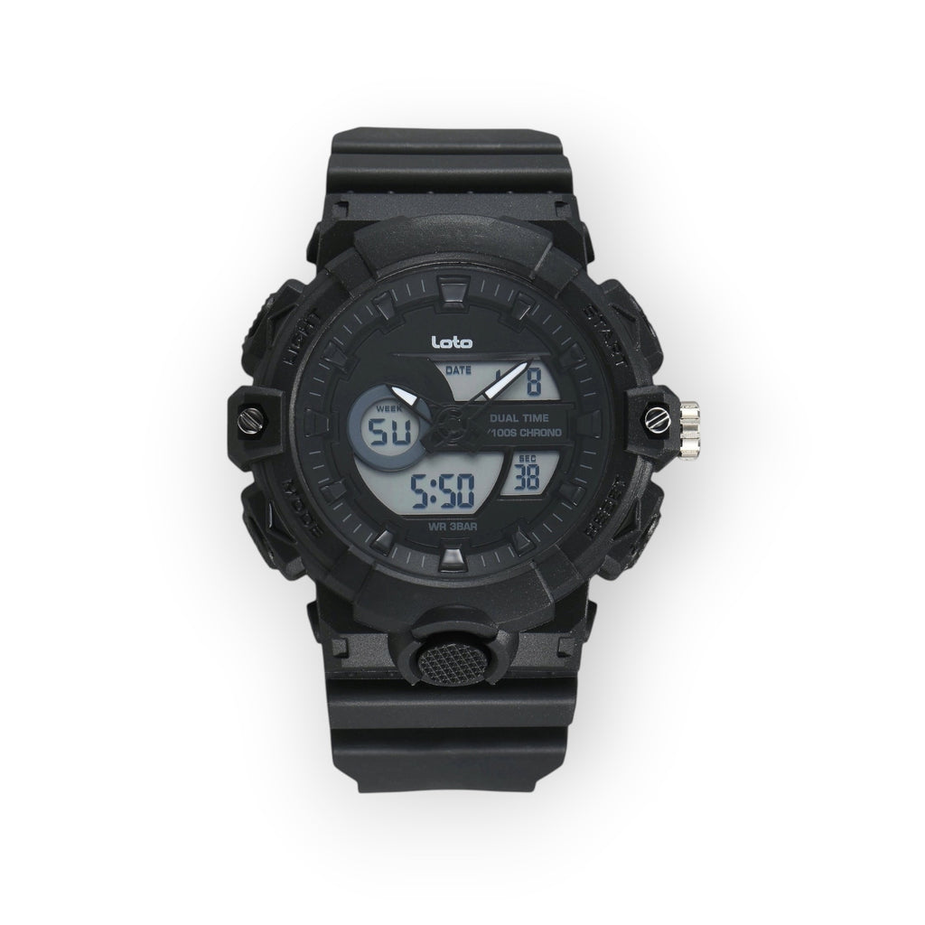 Reloj deportivo LOTO COMPANY KRONAR 2572 negro con pantalla dual analógica y digital y correa de silicona resistente.