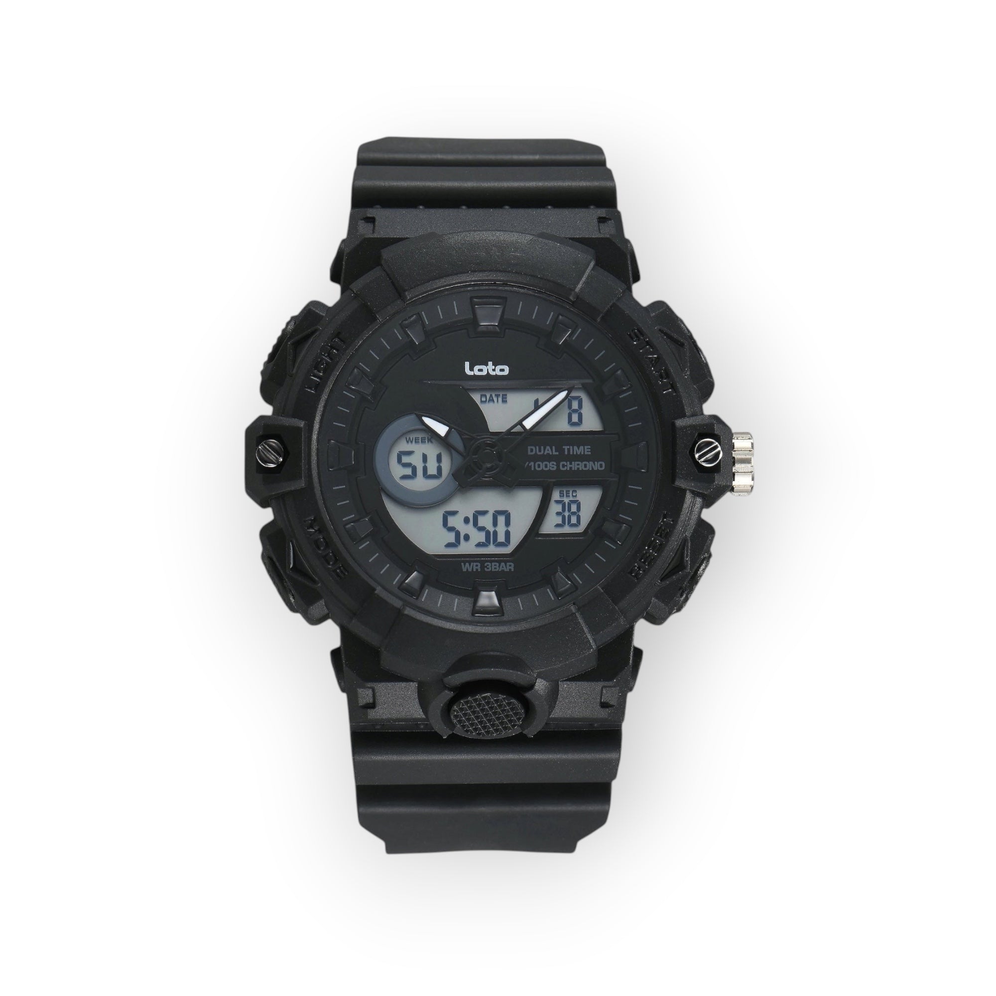 Reloj deportivo LOTO COMPANY KRONAR 2572 negro con pantalla dual analógica y digital y correa de silicona resistente.