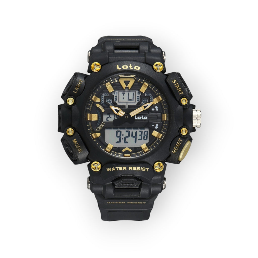 Reloj deportivo LOTO COMPANY Quantum 2570 negro con detalles dorados, pantalla híbrida analógica y digital resistente