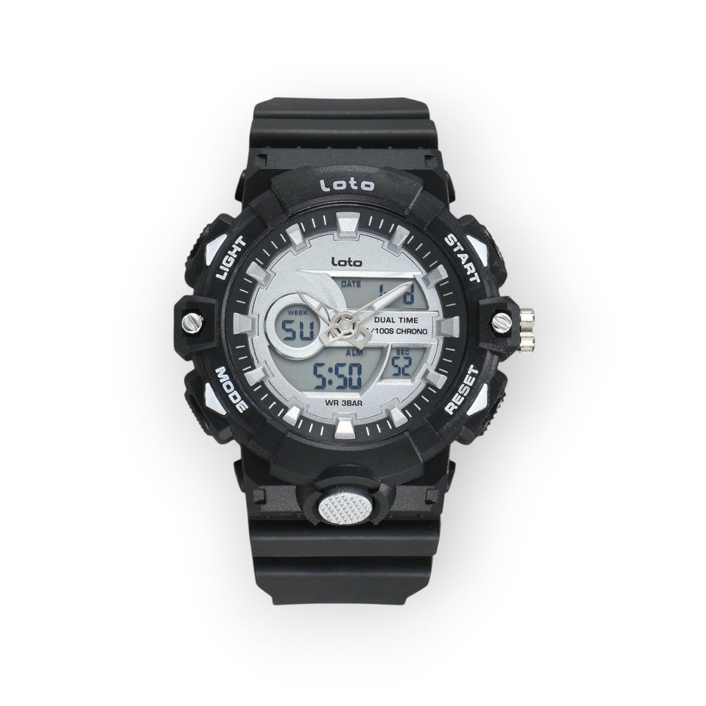 Reloj deportivo LOTO COMPANY KRONAR 2572 con pantalla dual analógica y digital, caja negra y correa de silicona.