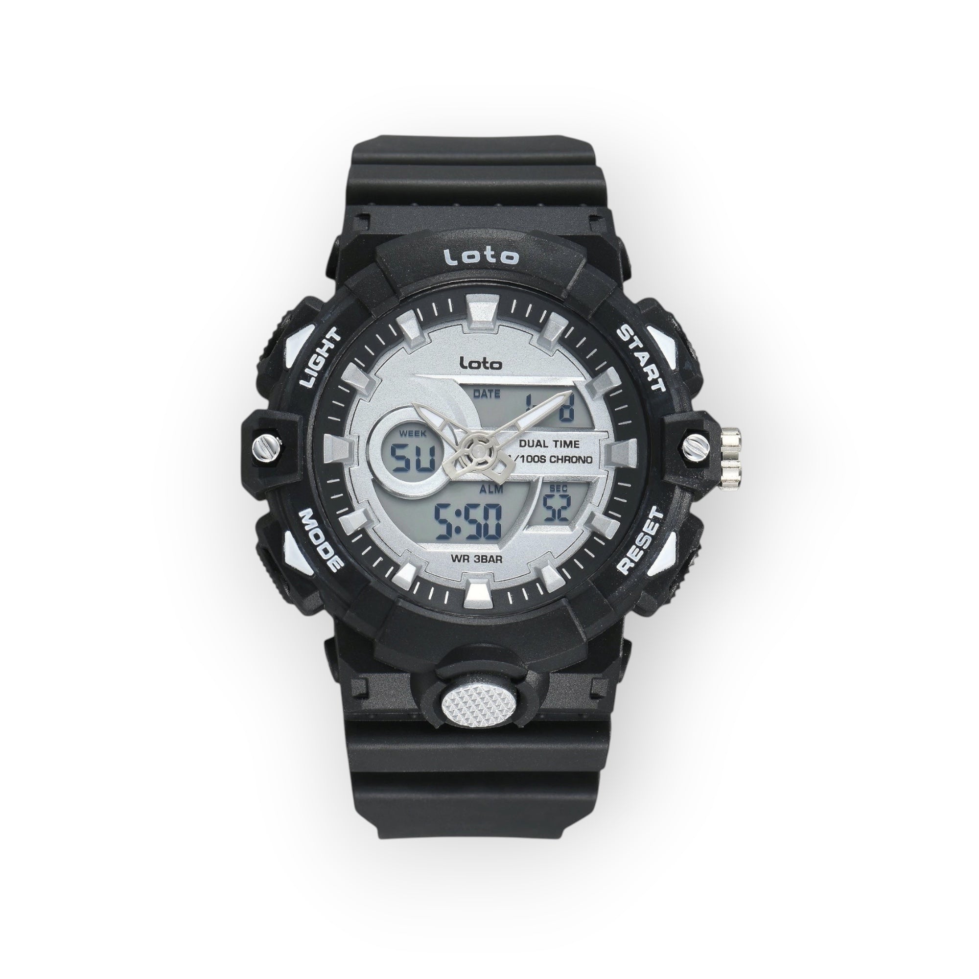 Reloj deportivo LOTO COMPANY KRONAR 2572 con pantalla dual analógica y digital, caja negra y correa de silicona.