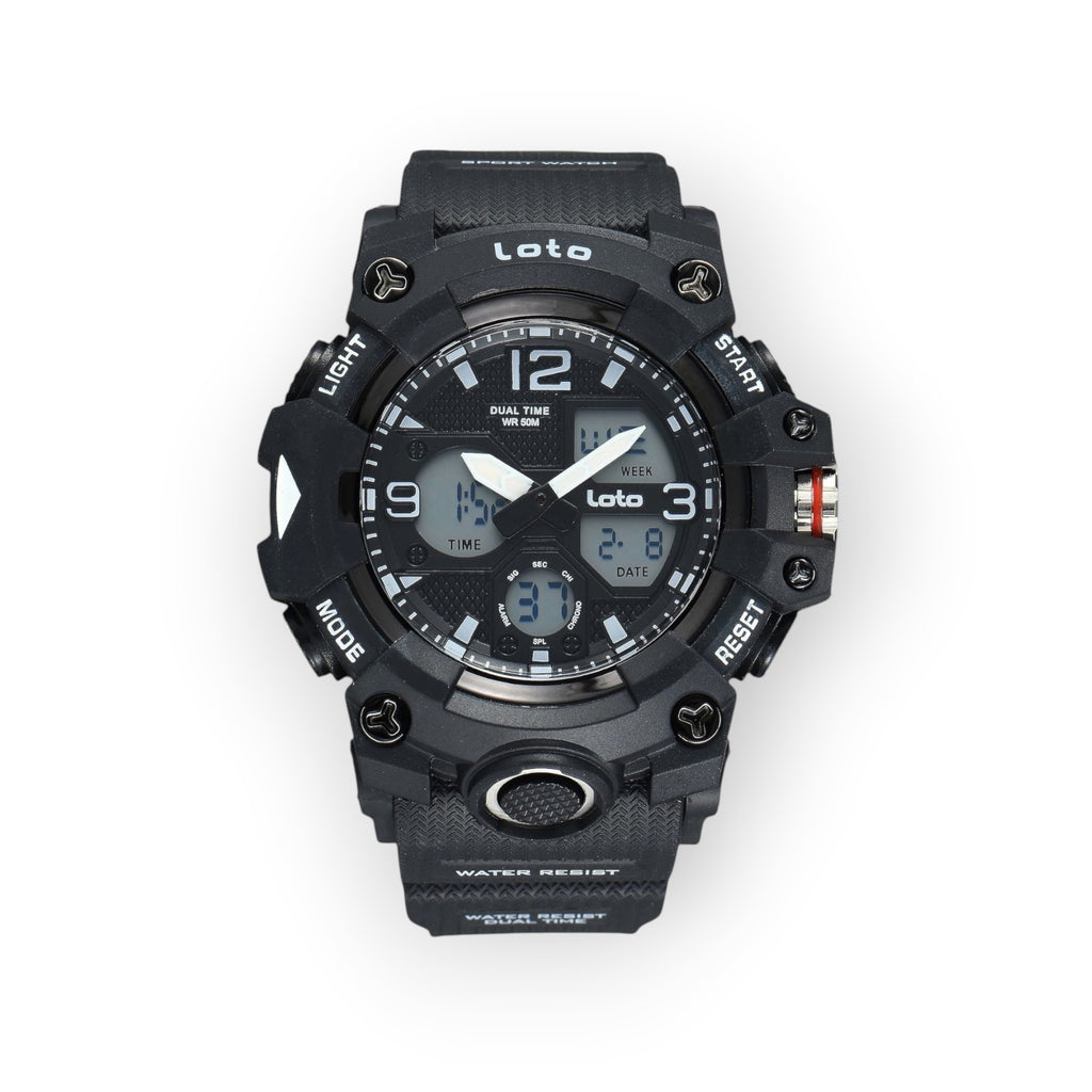 Reloj deportivo LOTO COMPANY ROVIK 2568 negro con pantalla dual analógica y digital, resistente al agua y estilo táctico.