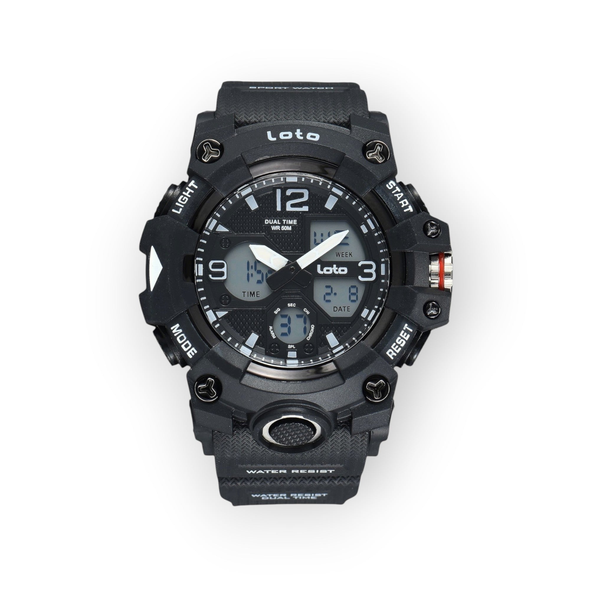 Reloj deportivo LOTO COMPANY ROVIK 2568 negro con pantalla dual analógica y digital, resistente al agua y estilo táctico.
