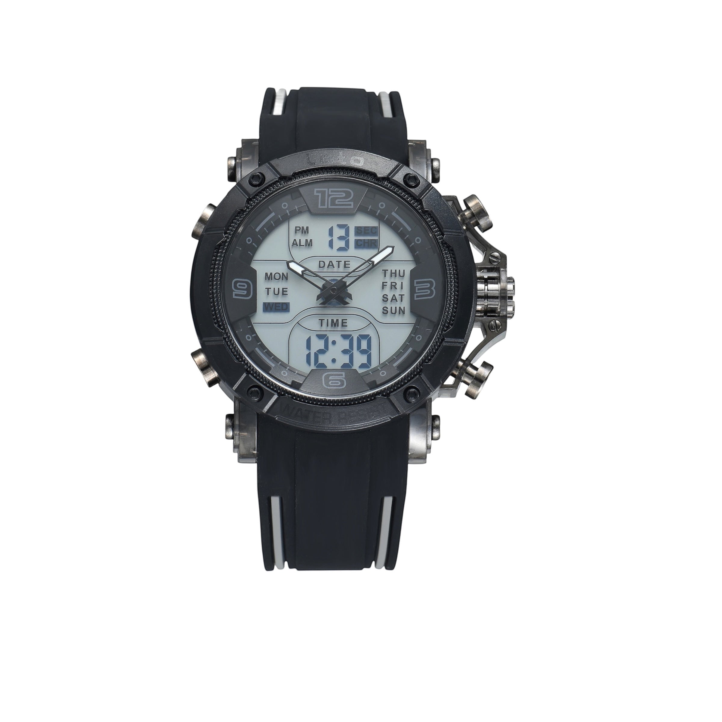 Reloj deportivo LOTO COMPANY PHANTOM con esfera híbrida analógica-digital, caja robusta y correa de silicona negra.