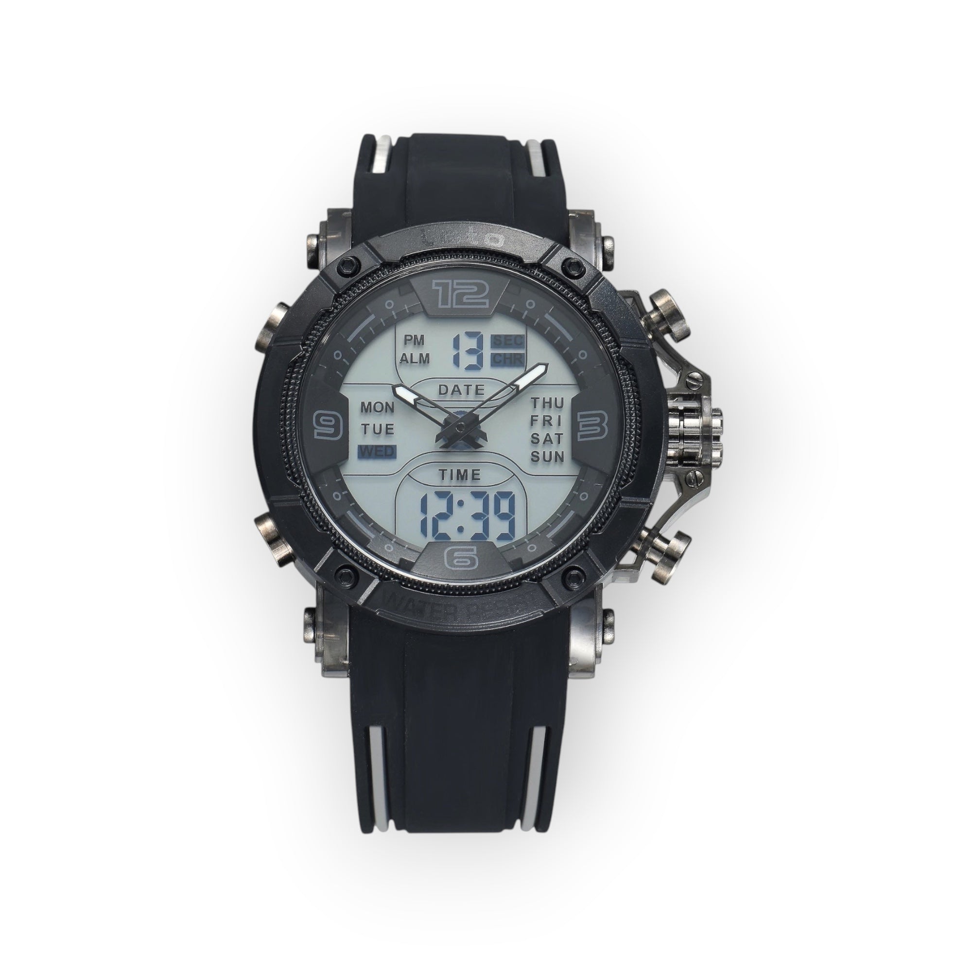 Reloj deportivo LOTO COMPANY PHANTOM con esfera híbrida analógica-digital, caja robusta y correa de silicona negra.