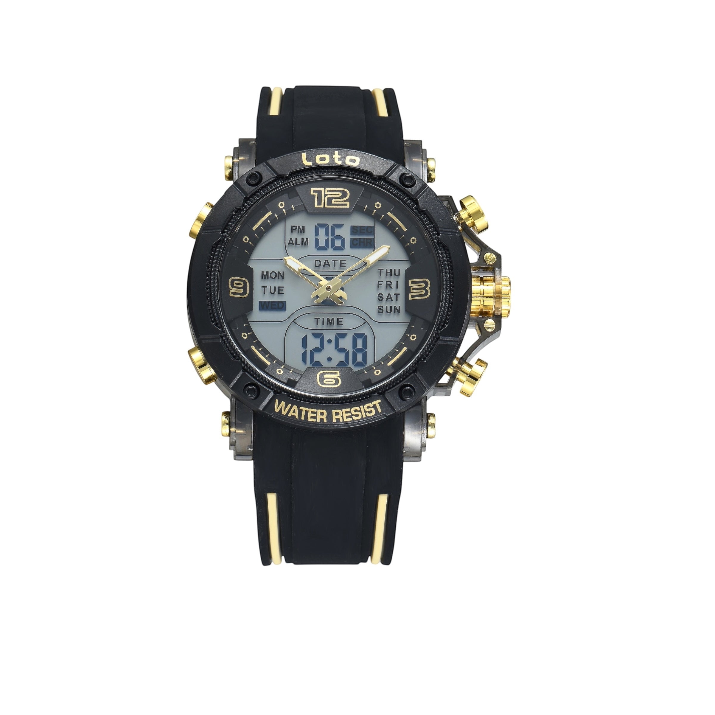 Reloj deportivo LOTO COMPANY PHANTOM con esfera híbrida, correa de silicona negra y detalles metálicos dorados.