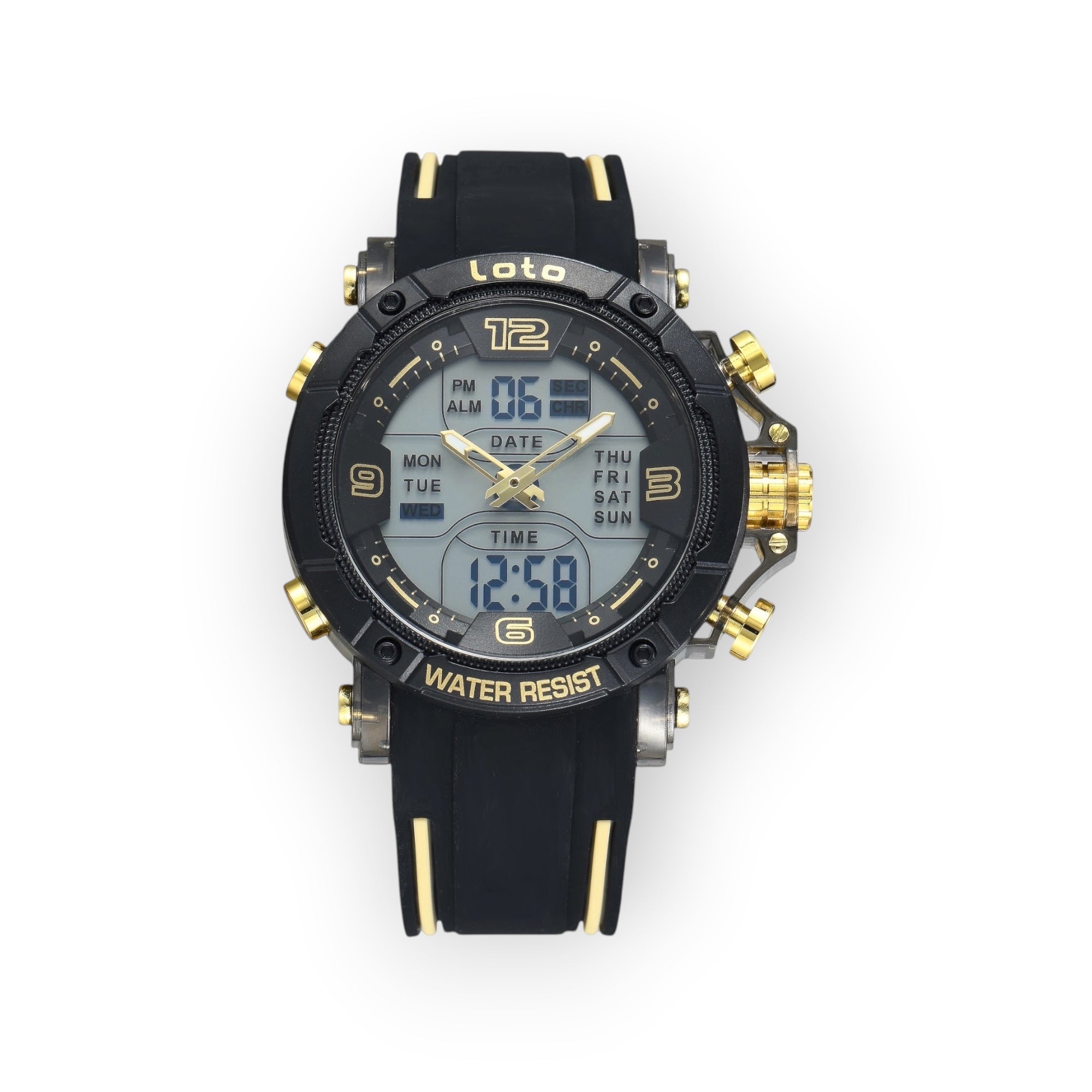 Reloj deportivo LOTO COMPANY PHANTOM con esfera híbrida, correa de silicona negra y detalles metálicos dorados.
