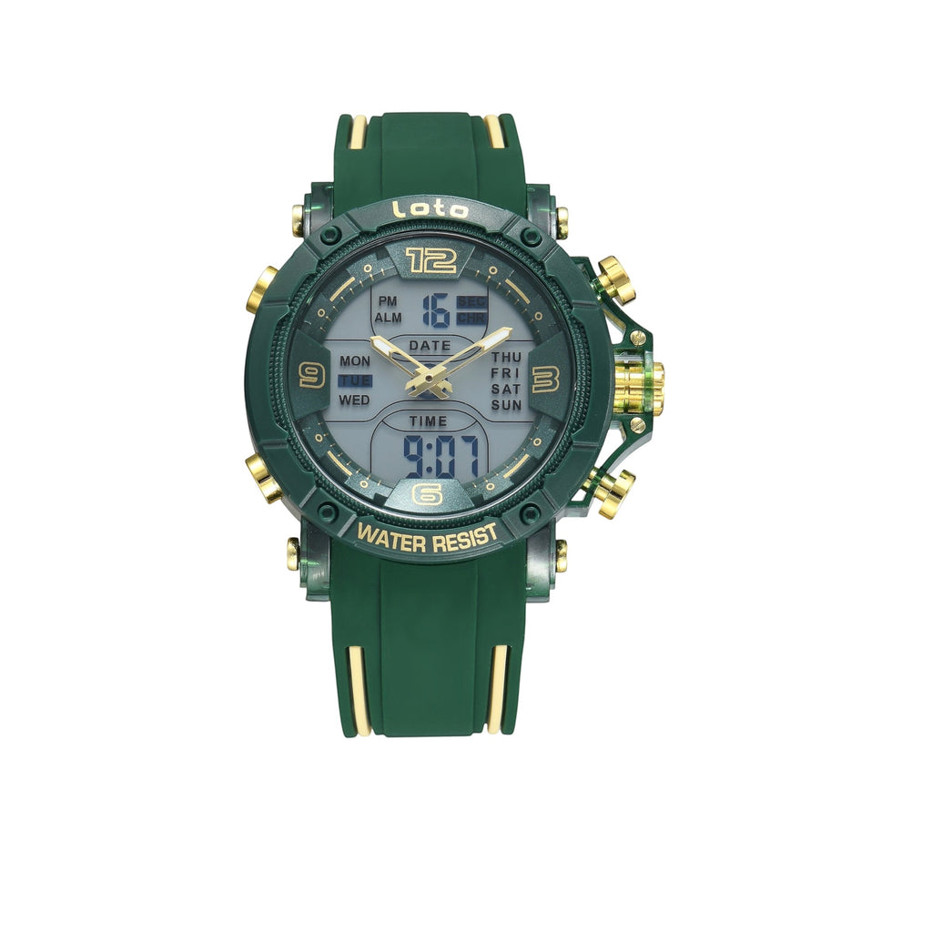 Reloj deportivo LOTO COMPANY PHANTOM verde militar con correa de silicona, esfera híbrida y detalles metálicos dorados.