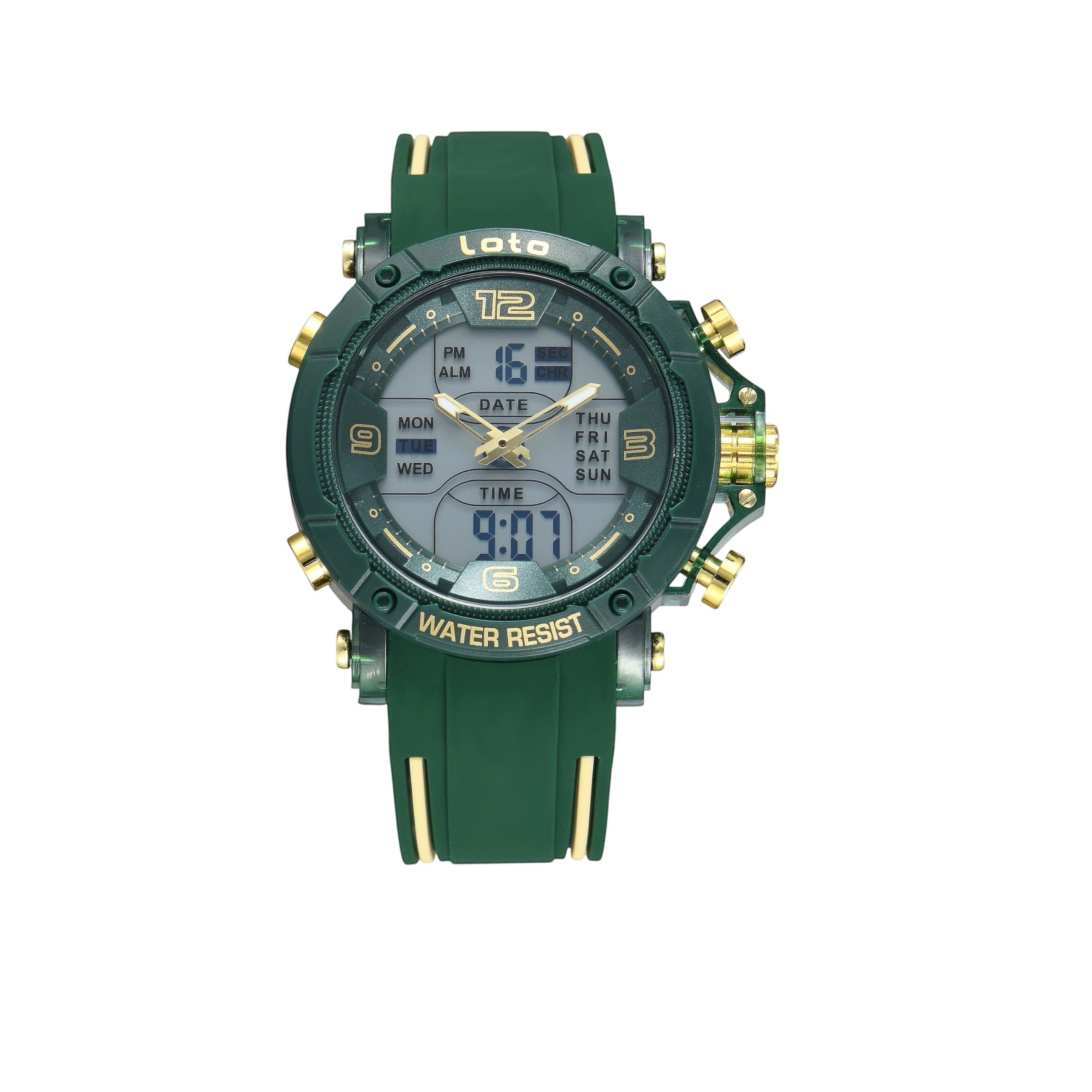 Reloj deportivo LOTO COMPANY PHANTOM verde militar con correa de silicona, esfera híbrida y detalles metálicos dorados.