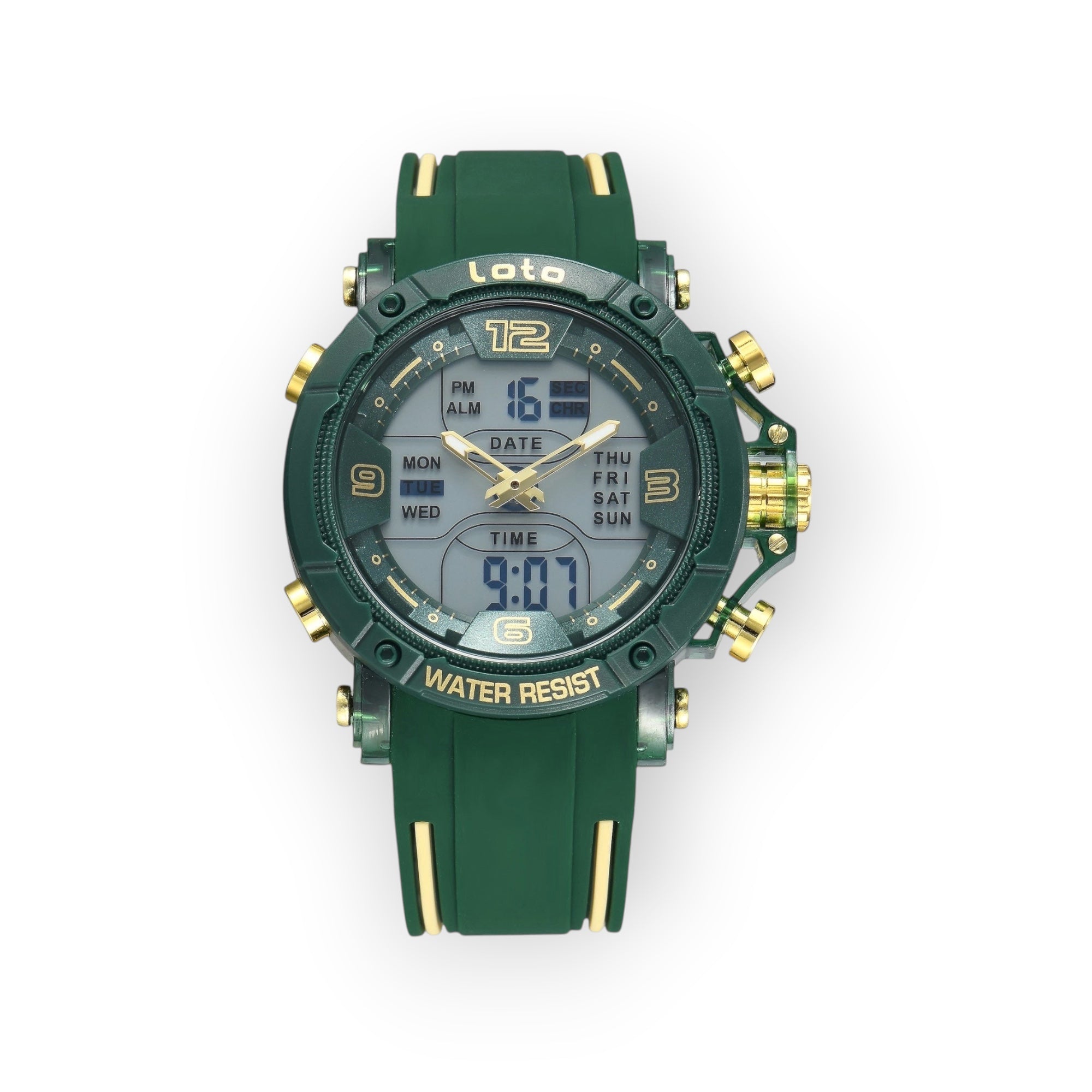 Reloj deportivo LOTO COMPANY PHANTOM verde militar con correa de silicona, esfera híbrida y detalles metálicos dorados.