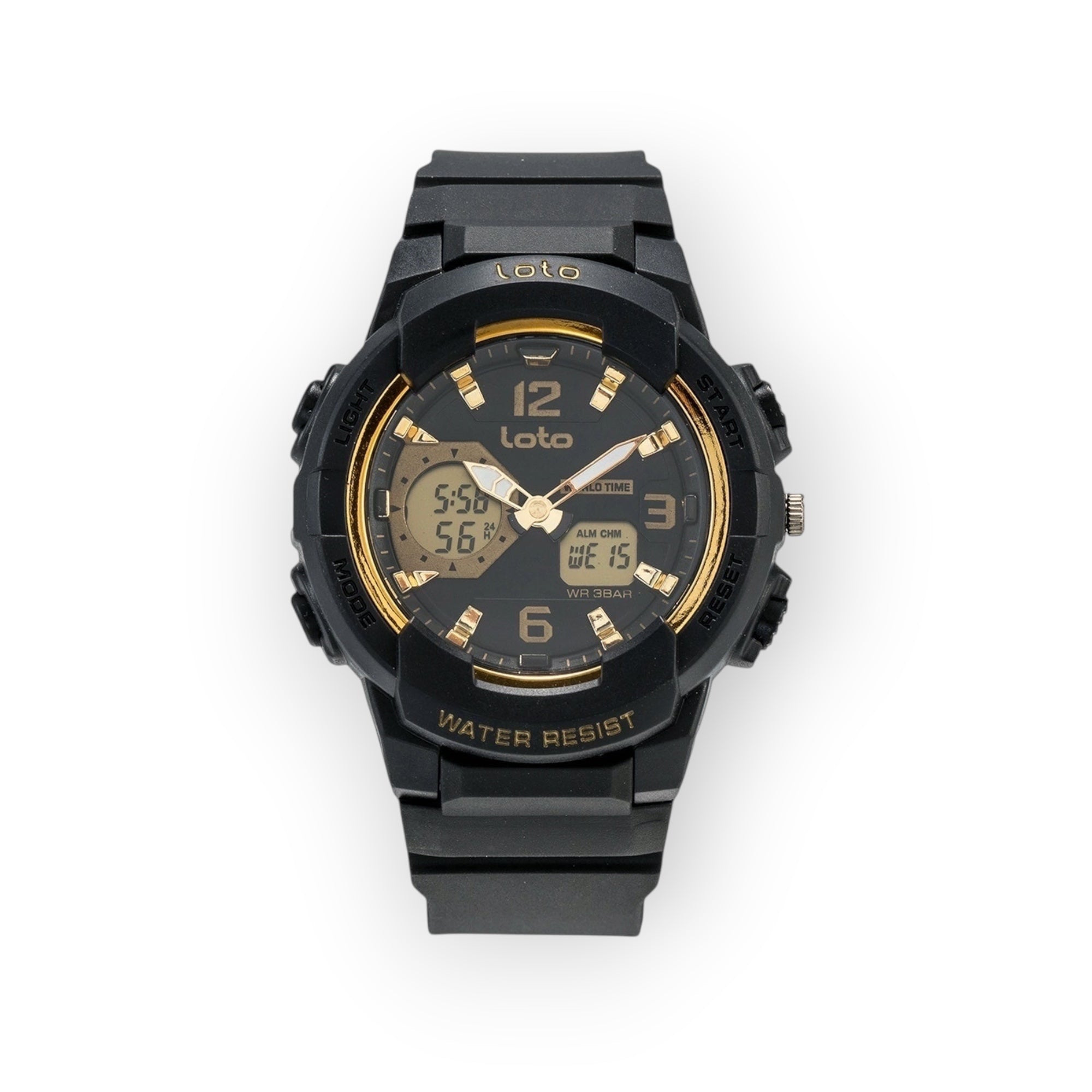Reloj deportivo LOTO COMPANY RAZOR 2356 analógico-digital de resina negra con detalles en dorado y resistencia al agua.
