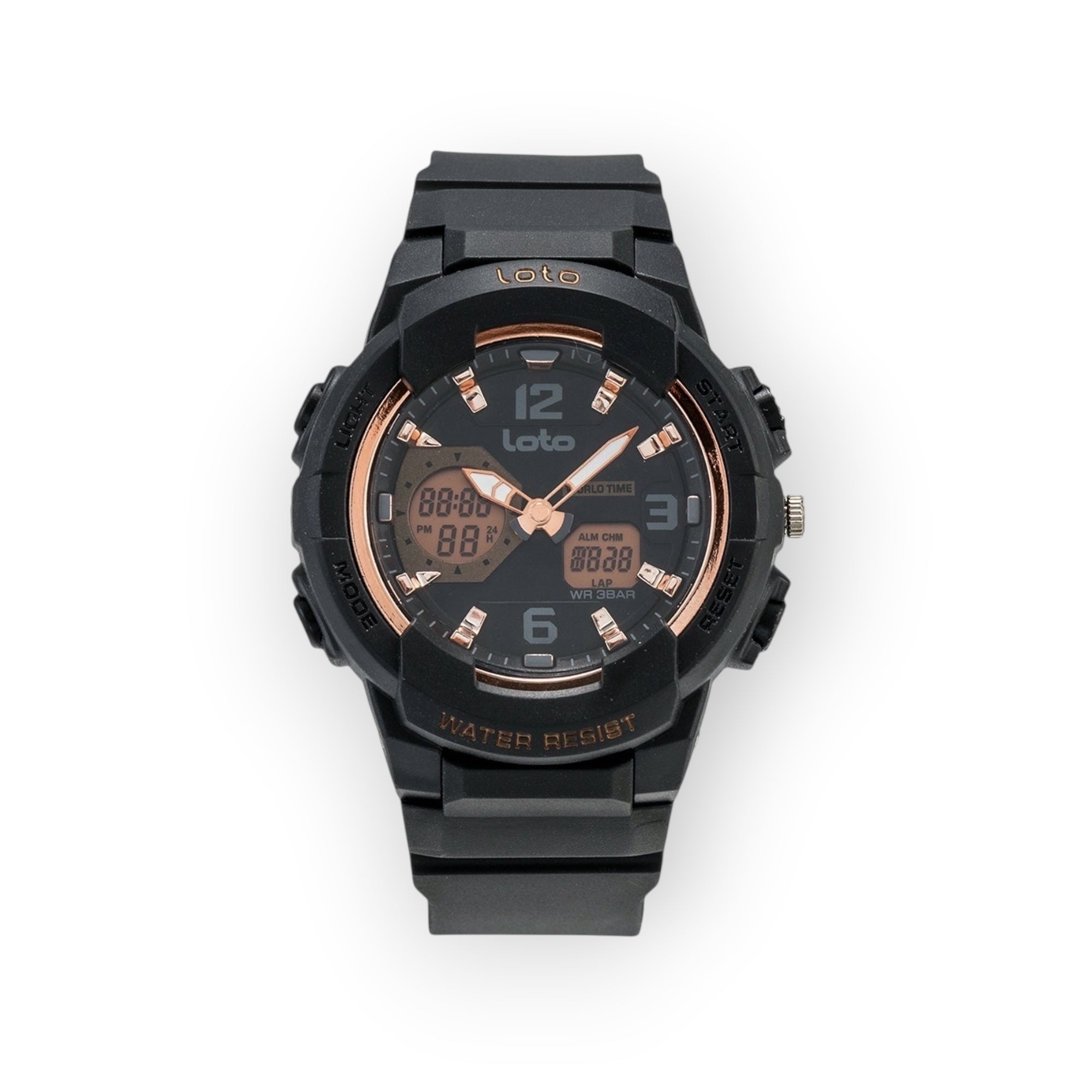 Reloj deportivo LOTO COMPANY RAZOR 2356 negro con detalles en oro rosa, analógico-digital y correa de resina.