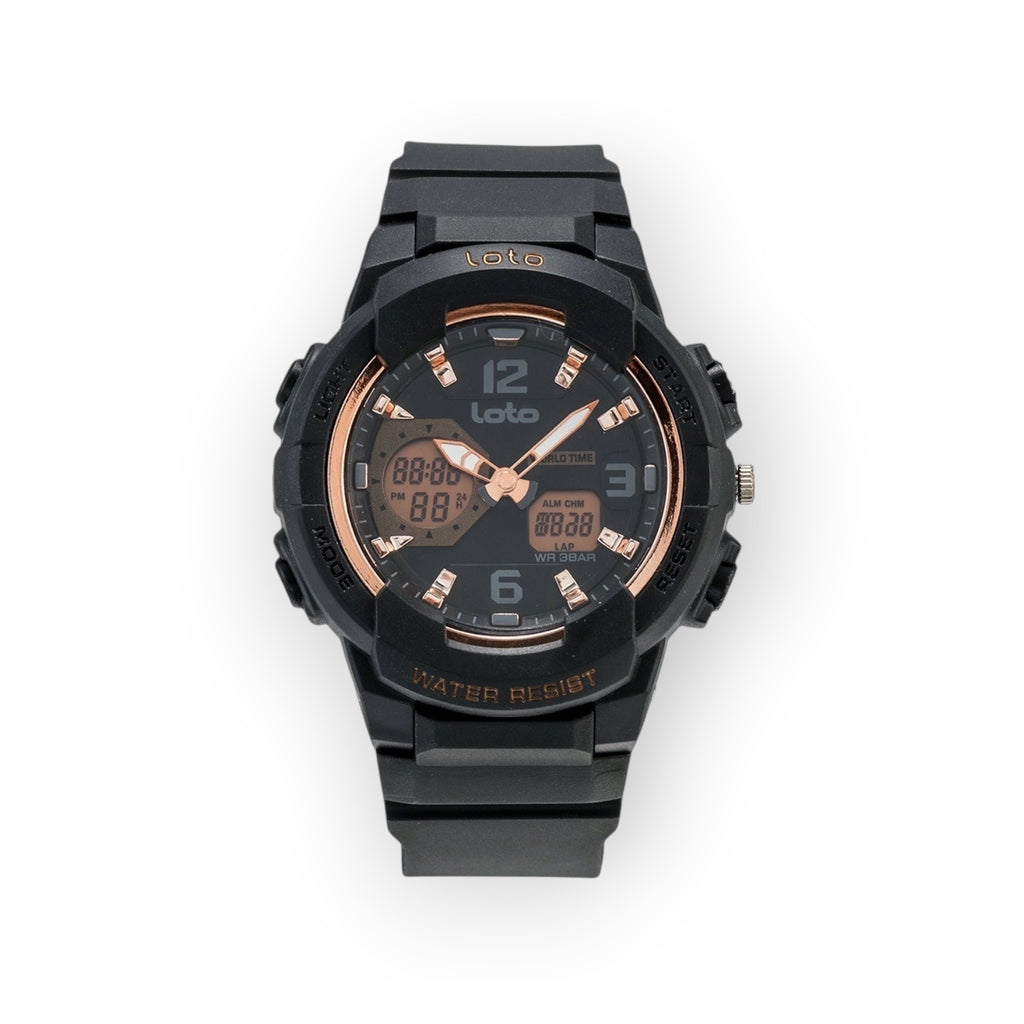 Reloj deportivo LOTO COMPANY RAZOR 2356 negro con detalles en oro rosa, analógico-digital y correa de resina.