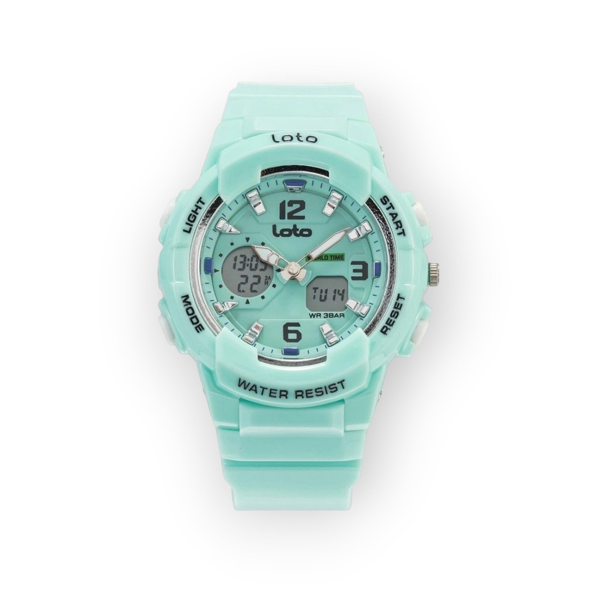 Reloj deportivo LOTO COMPANY RAZOR 2356 en color verde menta, diseño analógico-digital de resina resistente al agua.