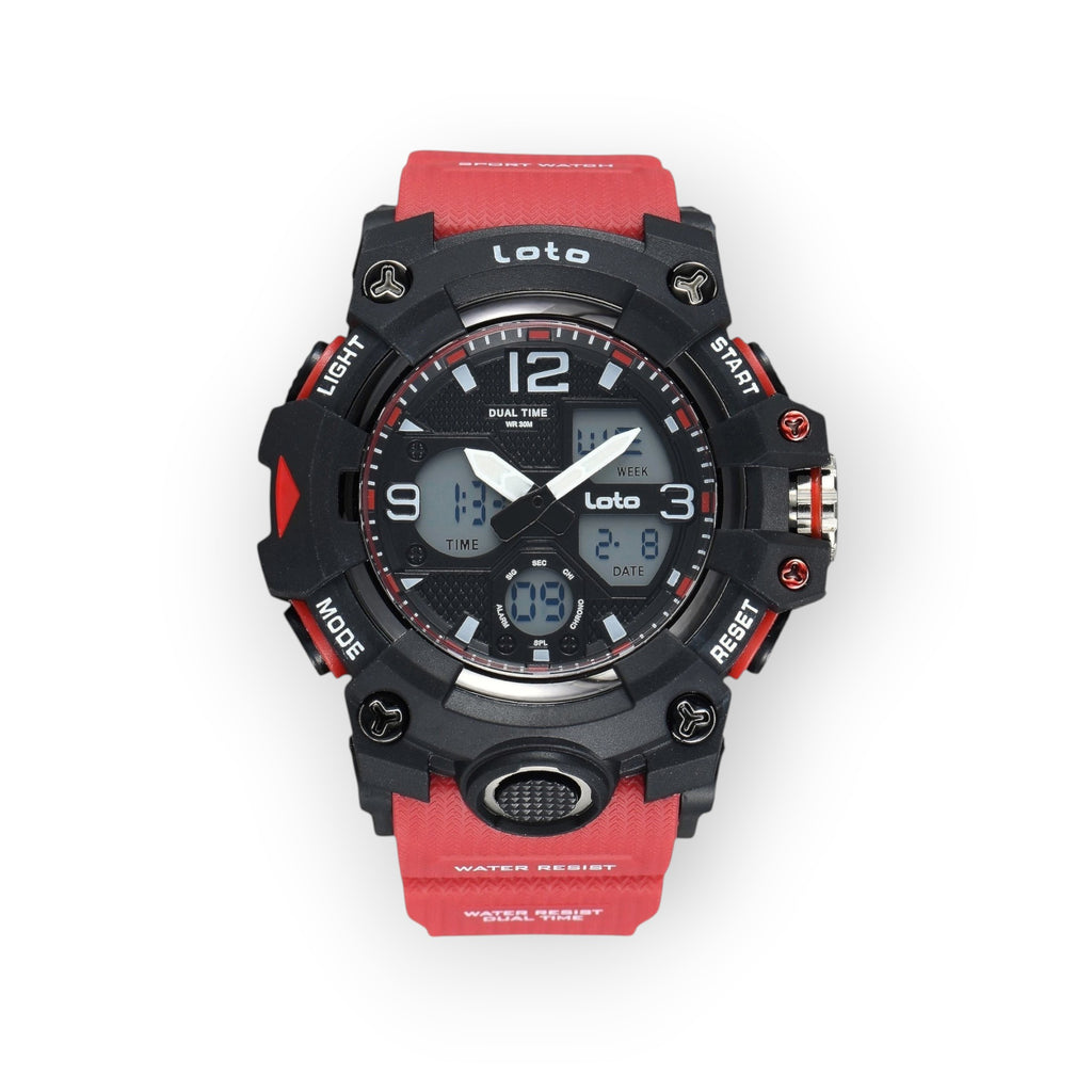 Reloj deportivo LOTO COMPANY ROVIK 2568 con pantalla dual analógica y digital, caja negra y correa de silicona roja.