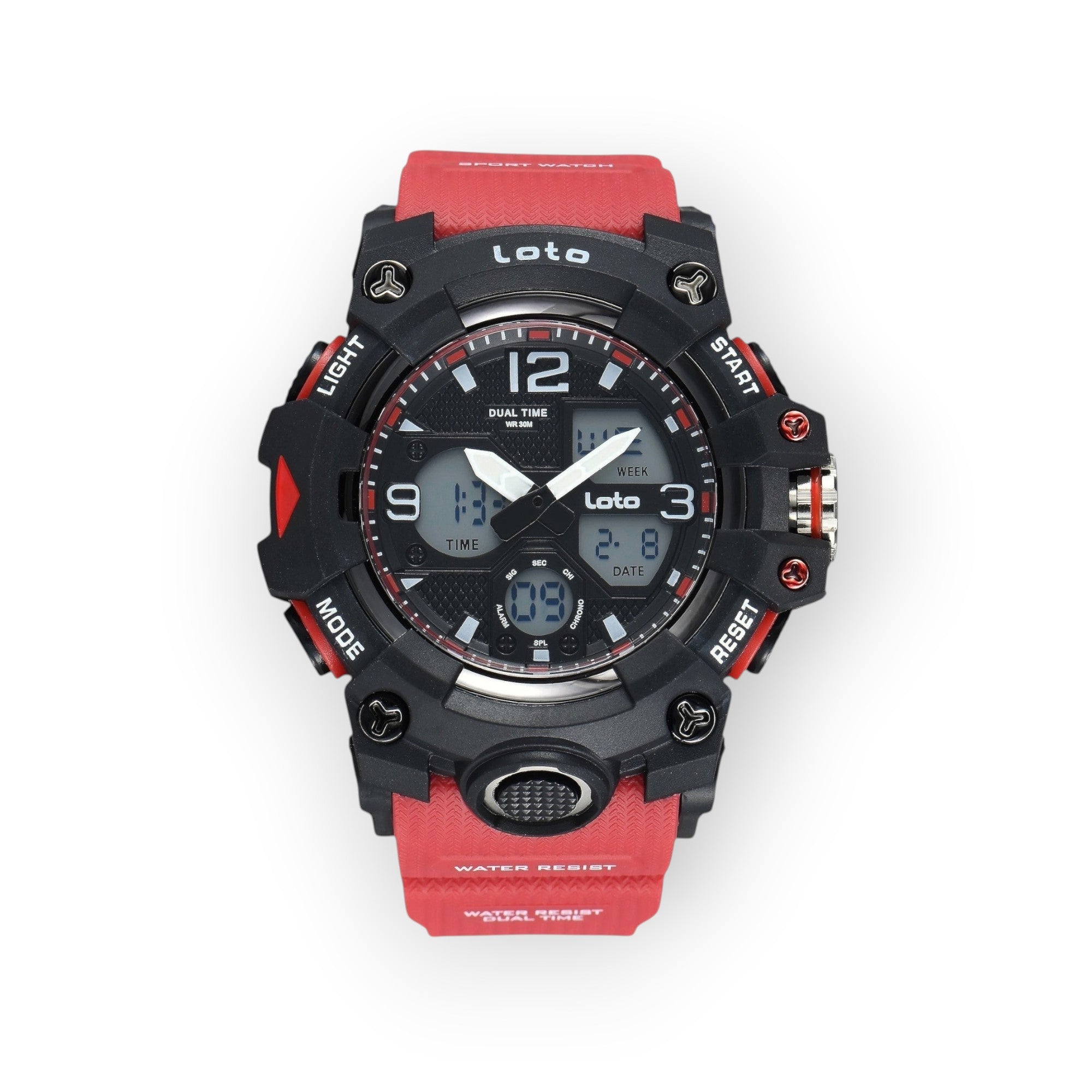 Reloj deportivo LOTO COMPANY ROVIK 2568 con pantalla dual analógica y digital, caja negra y correa de silicona roja.
