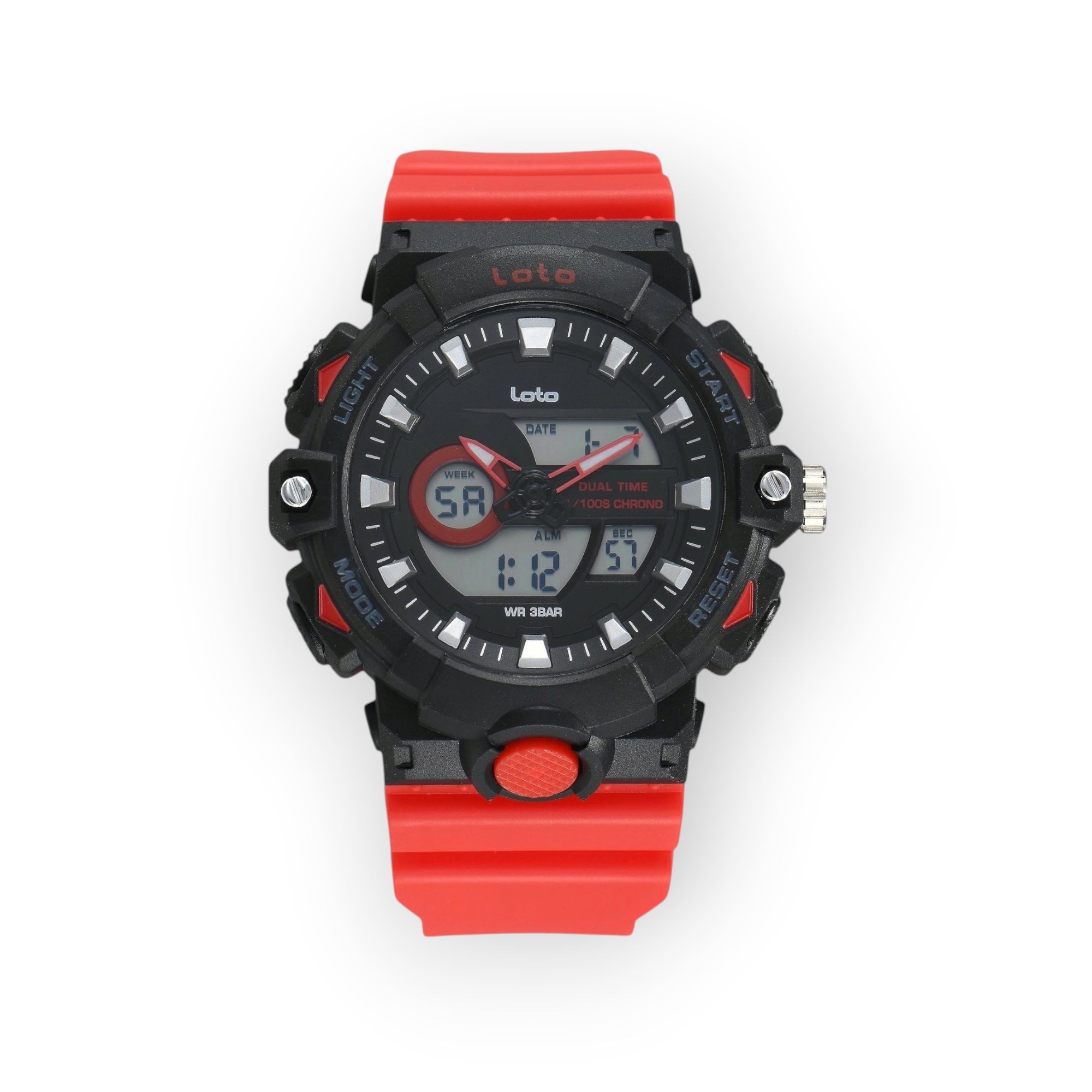Reloj deportivo LOTO COMPANY KRONAR 2572 con pantalla dual analógica y digital, caja negra y correa de silicona roja.