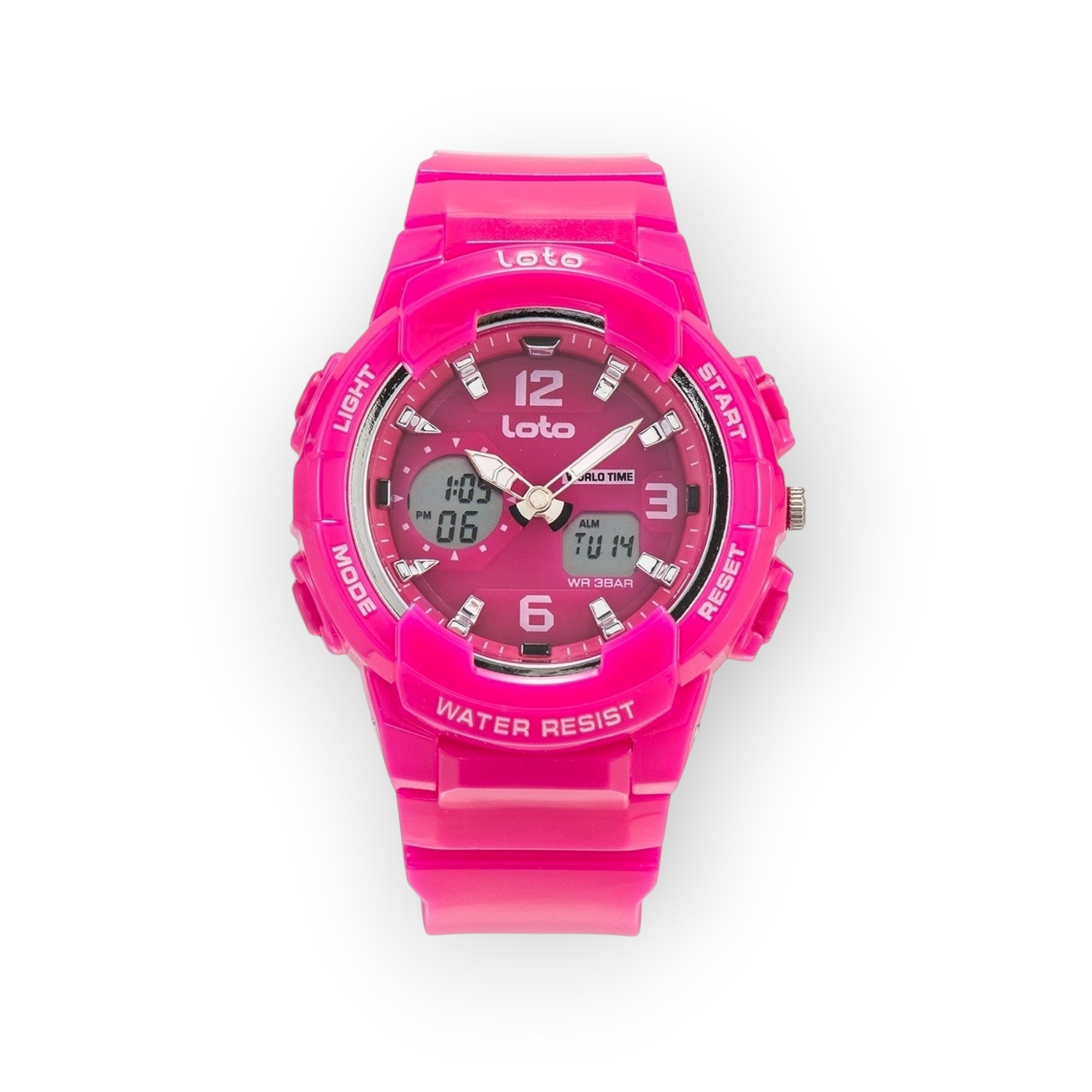 Reloj deportivo LOTO COMPANY RAZOR 2356 rosa de resina, diseño híbrido analógico-digital resistente al agua.