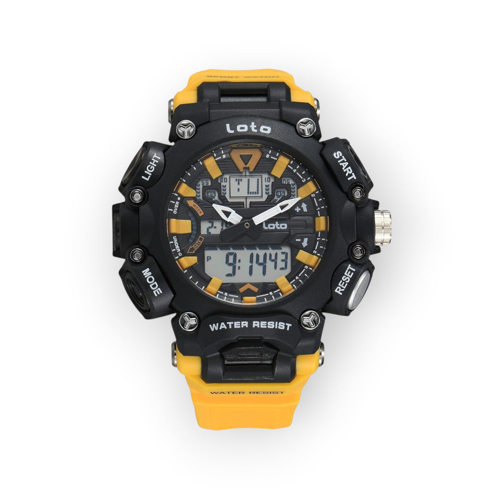 Reloj deportivo LOTO COMPANY Quantum 2570 con diseño táctico, pantalla híbrida analógica-digital y correa amarilla.