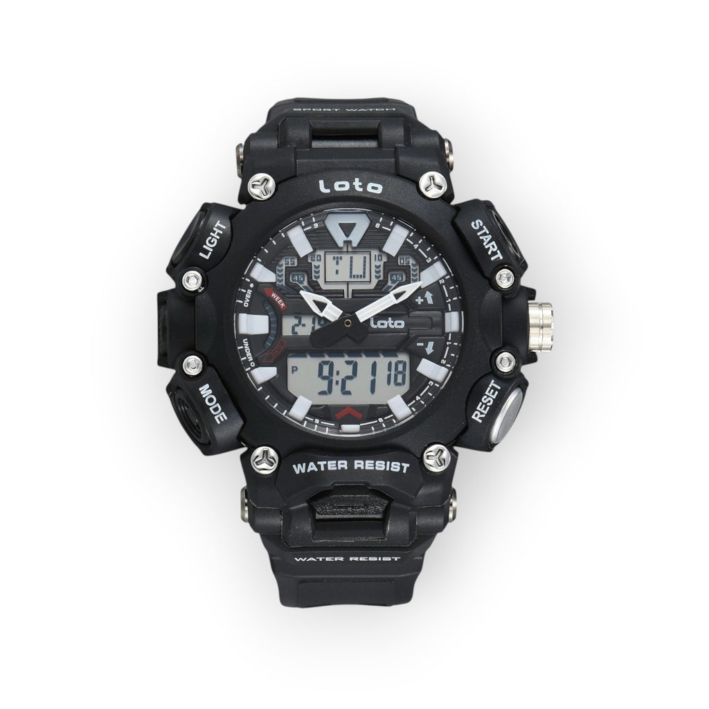 Reloj deportivo táctico LOTO COMPANY Quantum 2570 negro con pantalla híbrida analógica y digital resistente al agua