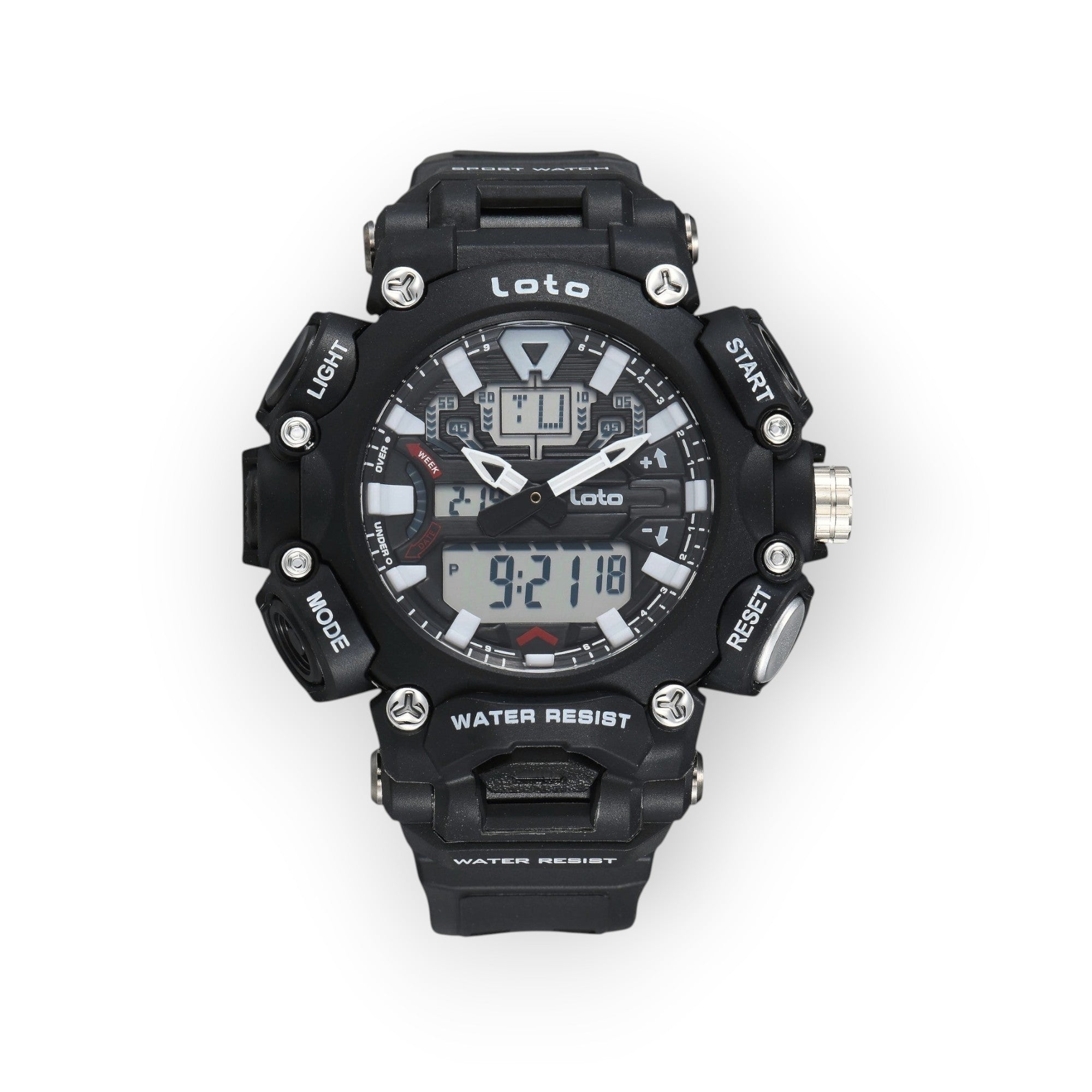 Reloj deportivo táctico LOTO COMPANY Quantum 2570 negro con pantalla híbrida analógica y digital resistente al agua