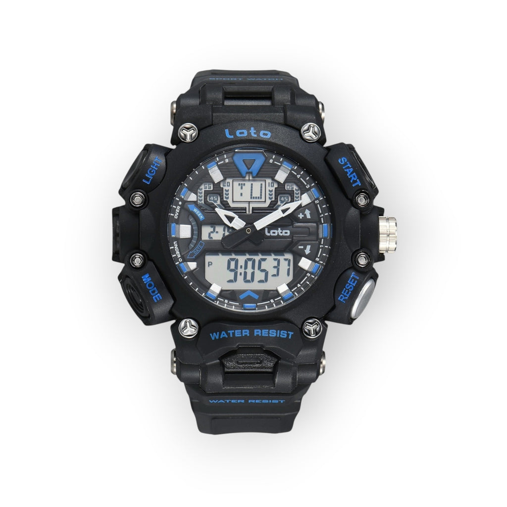 Reloj deportivo LOTO COMPANY Quantum 2570 negro con detalles en azul, pantalla híbrida analógica-digital y diseño táctico.
