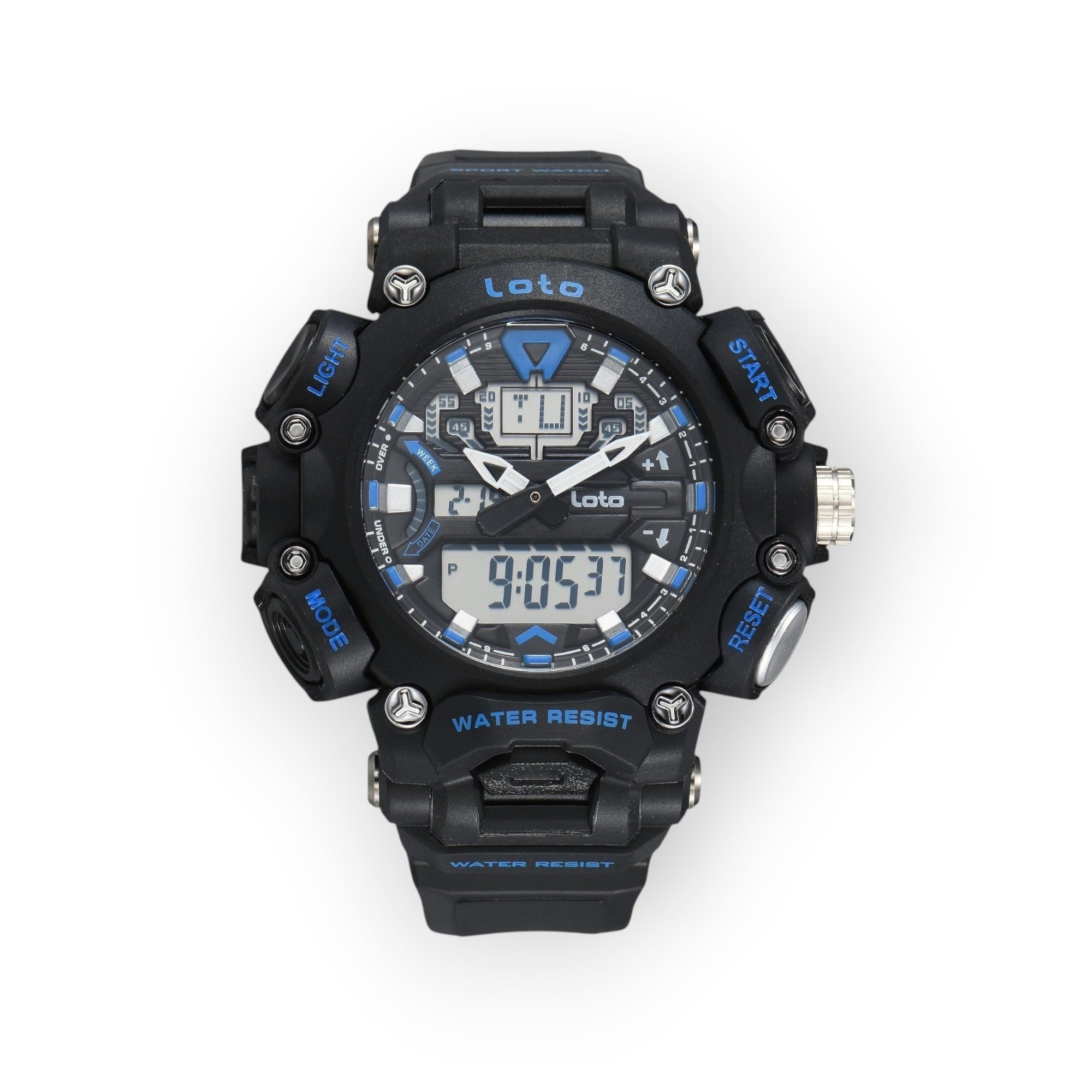 Reloj deportivo LOTO COMPANY Quantum 2570 negro con detalles en azul, pantalla híbrida analógica-digital y diseño táctico.