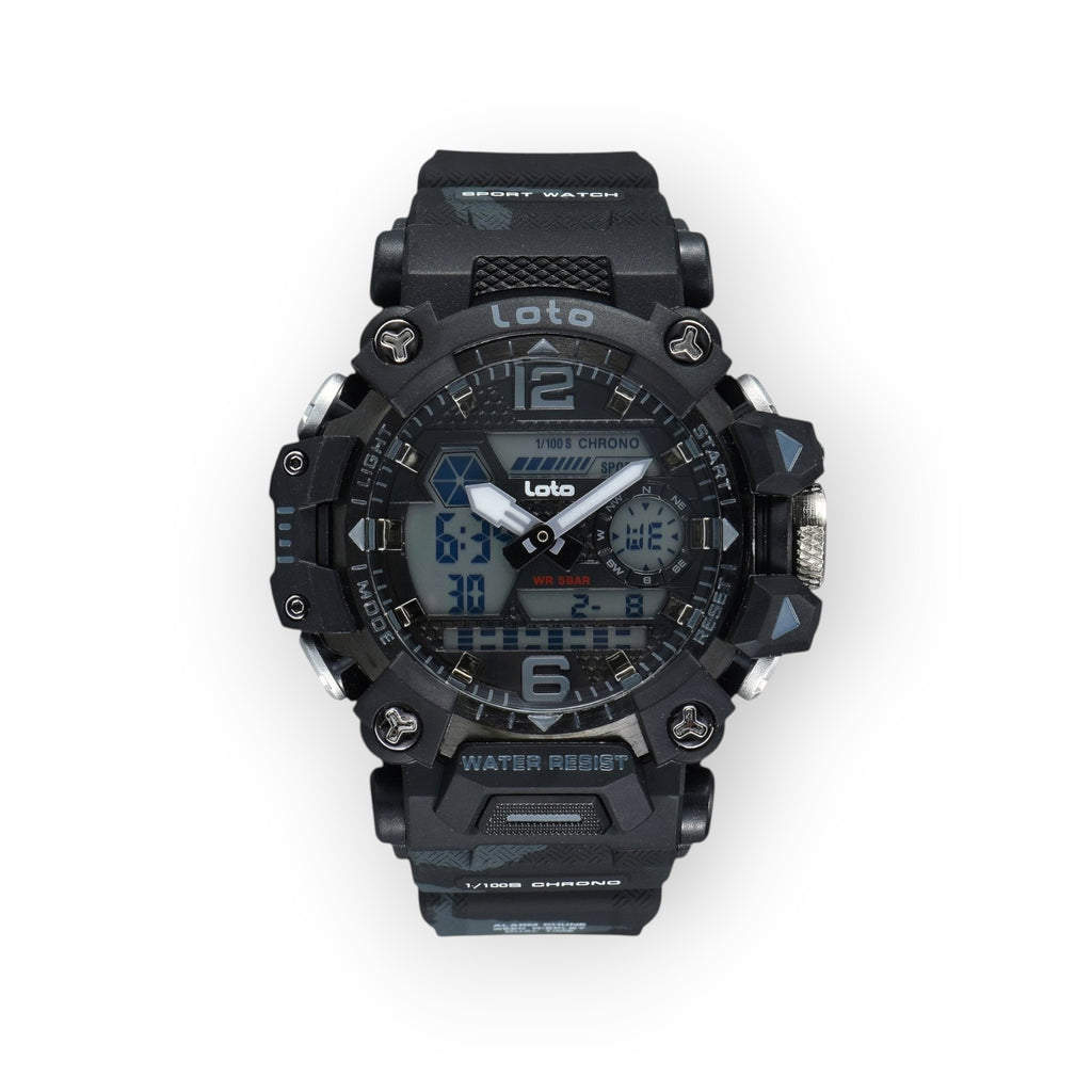 Reloj deportivo LOTO COMPANY KRYTON 2571 con pantalla híbrida, caja robusta negra y correa de camuflaje táctico.