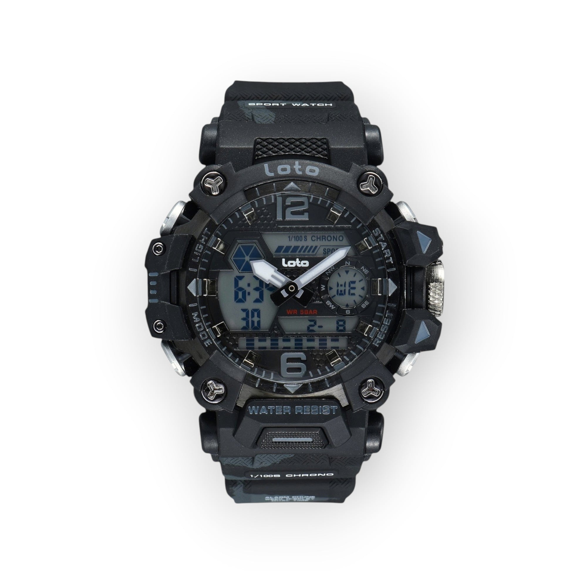 Reloj deportivo LOTO COMPANY KRYTON 2571 con pantalla híbrida, caja robusta negra y correa de camuflaje táctico.