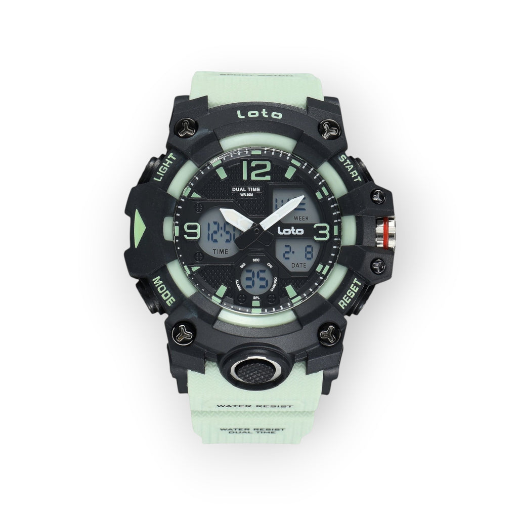 Reloj deportivo LOTO COMPANY ROVIK 2568 con pantalla dual analógica-digital, correa verde claro y caja negra robusta.