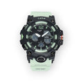 Reloj deportivo LOTO COMPANY ROVIK 2568 con pantalla dual analógica-digital, correa verde claro y caja negra robusta.