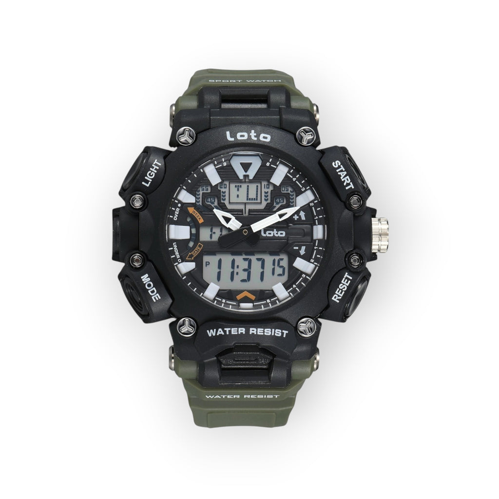 Reloj deportivo táctico LOTO COMPANY Quantum 2570 con pantalla híbrida analógica-digital y correa verde oliva
