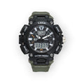 Reloj deportivo táctico LOTO COMPANY Quantum 2570 con pantalla híbrida analógica-digital y correa verde oliva