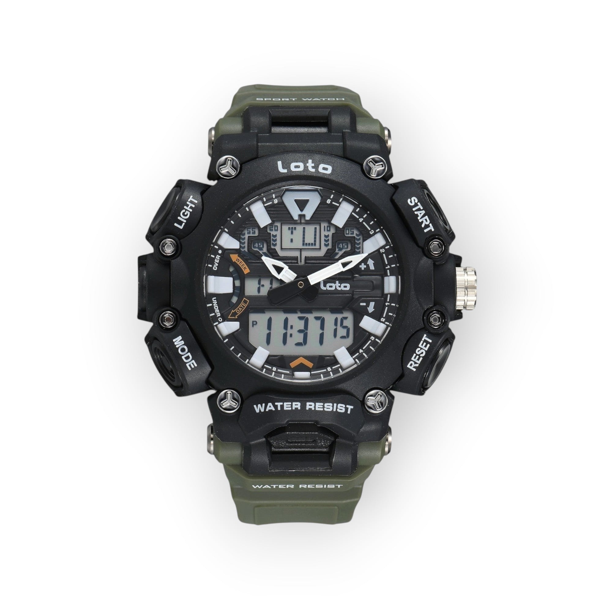Reloj deportivo táctico LOTO COMPANY Quantum 2570 con pantalla híbrida analógica-digital y correa verde oliva