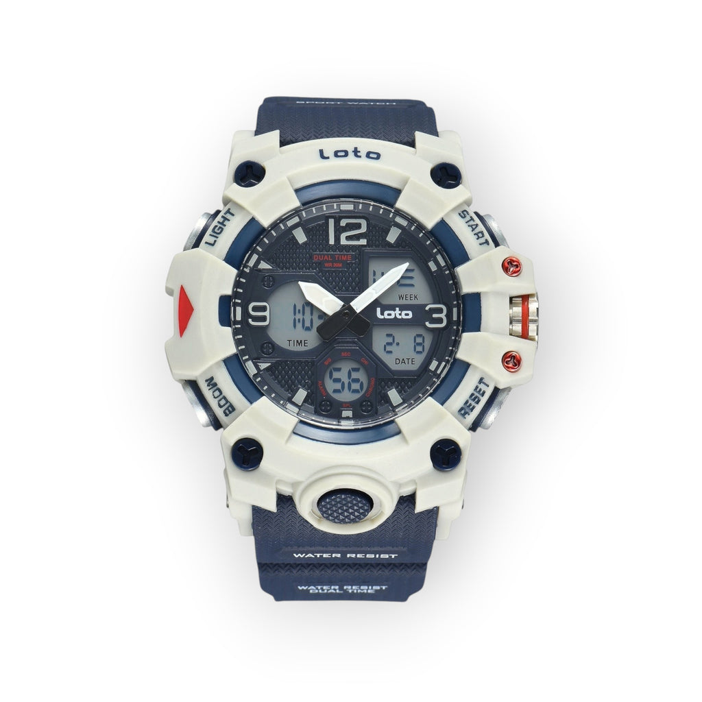 Reloj deportivo LOTO COMPANY ROVIK 2568 con diseño táctico, pantalla dual analógica-digital, correa azul y caja blanca.