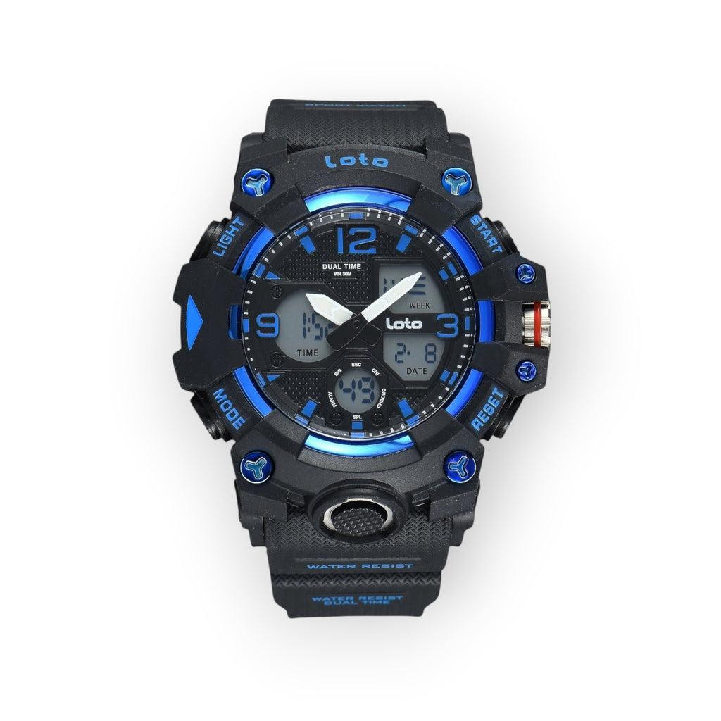 Reloj deportivo LOTO COMPANY ROVIK 2568 con pantalla dual analógica y digital, diseño táctico negro y detalles azules.