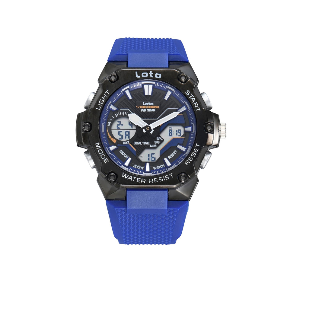 Reloj deportivo LOTO COMPANY TITANIX 2575 analógico-digital con correa de silicona azul y caja negra resistente.