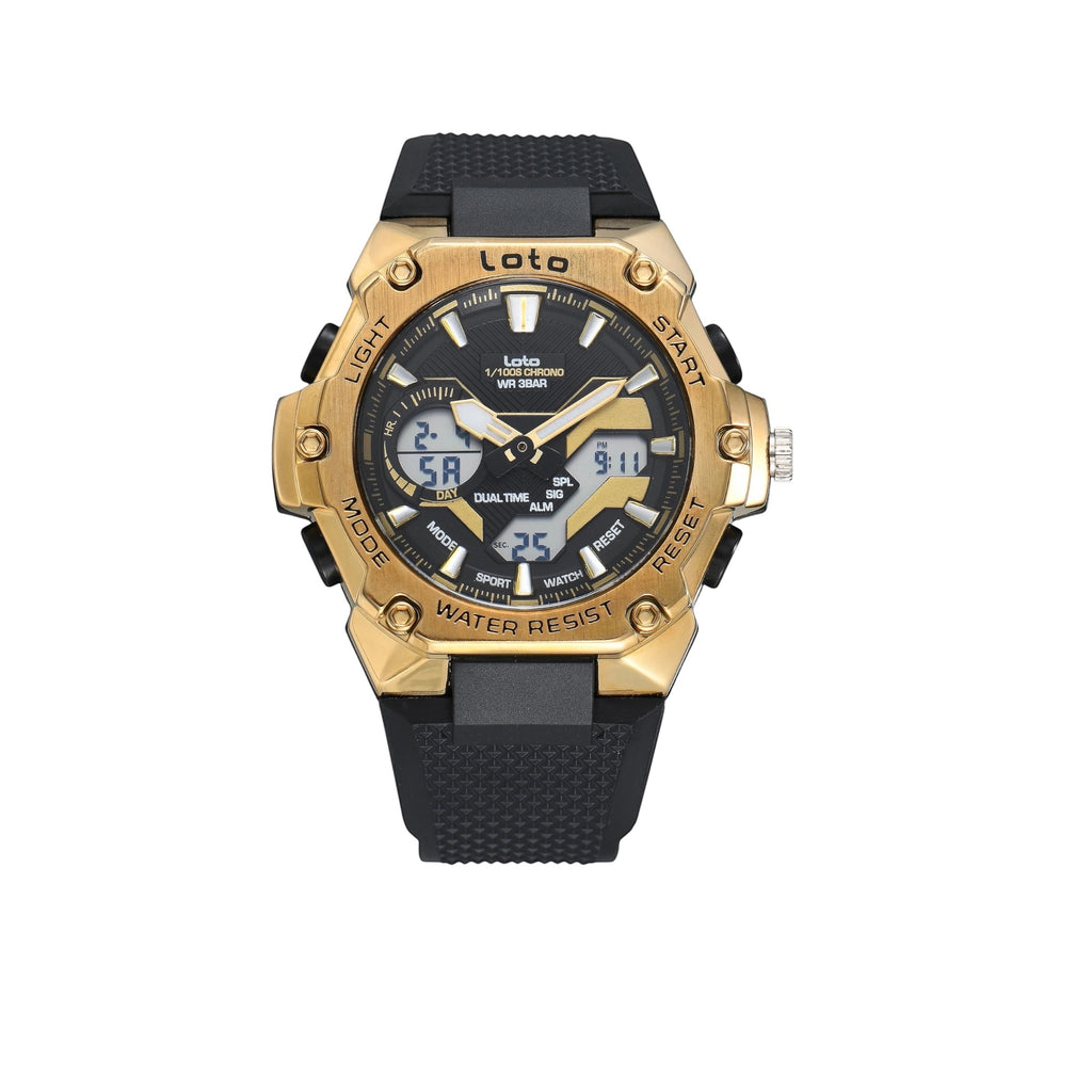 Reloj deportivo LOTO COMPANY TITANIX 2575 analógico-digital con caja dorada y correa de silicona negra texturizada.