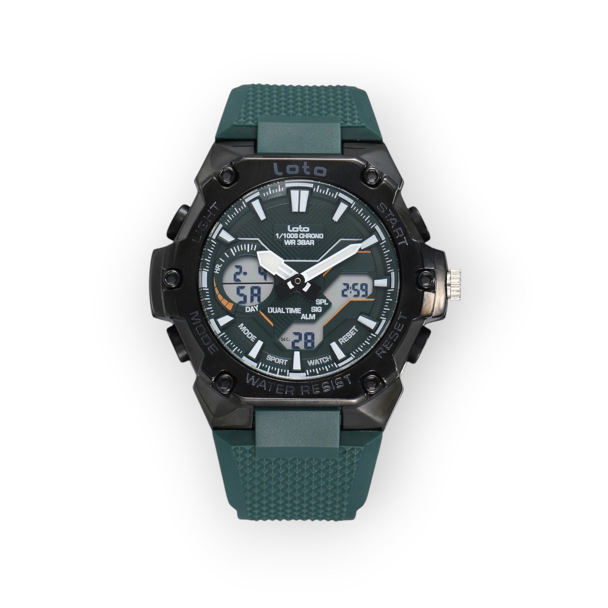 Reloj deportivo LOTO COMPANY TITANIX 2575 analógico-digital verde con correa de silicona texturizada y caja negra.