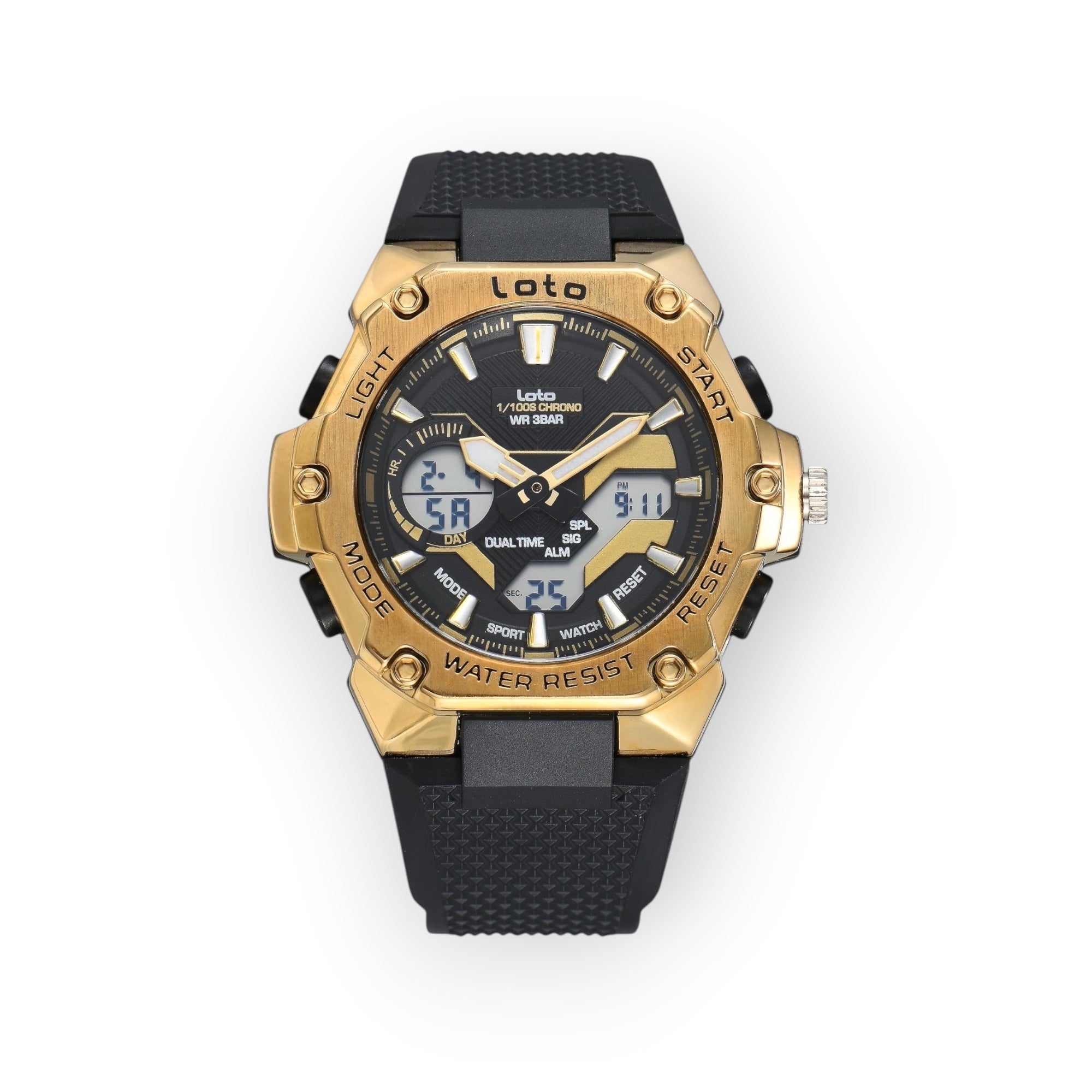 Reloj deportivo LOTO COMPANY TITANIX 2575 analógico-digital con caja dorada y correa de silicona negra texturizada.